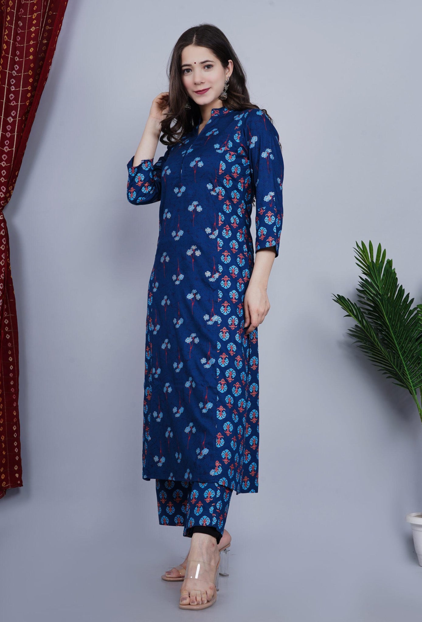 BLUE PRINTED RAYON A-LINE SET OF TWO