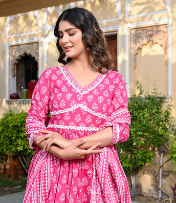 BRIGHT PINK GATHERED PRINTED COTTON THREE PIECE SET