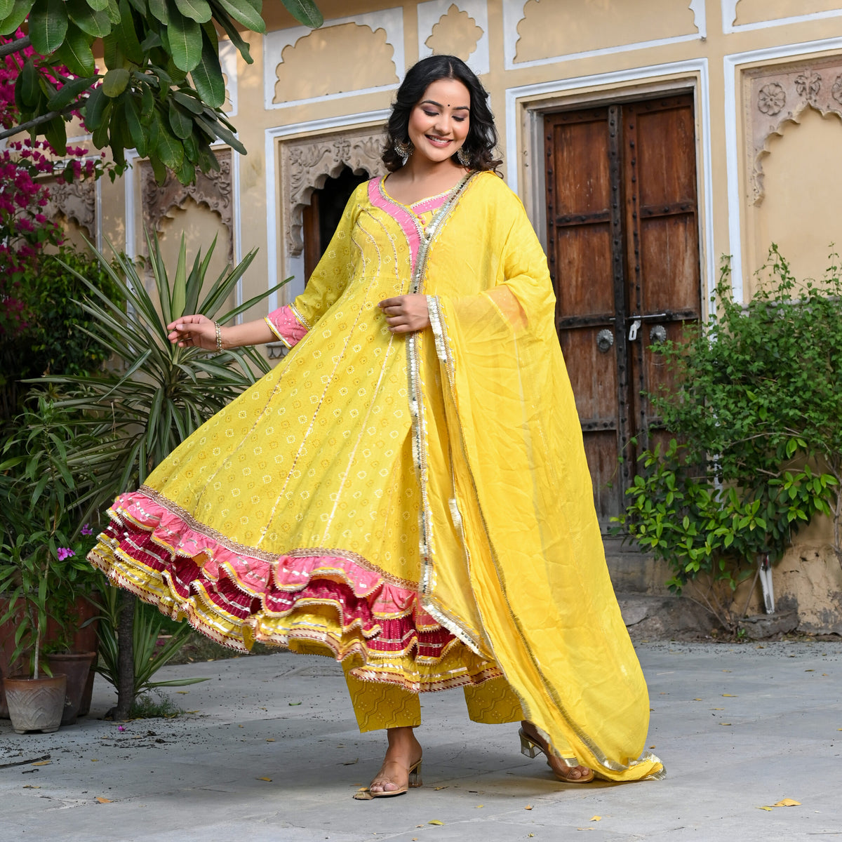 YELLOW LUREX COTTON THREE PIECE SET