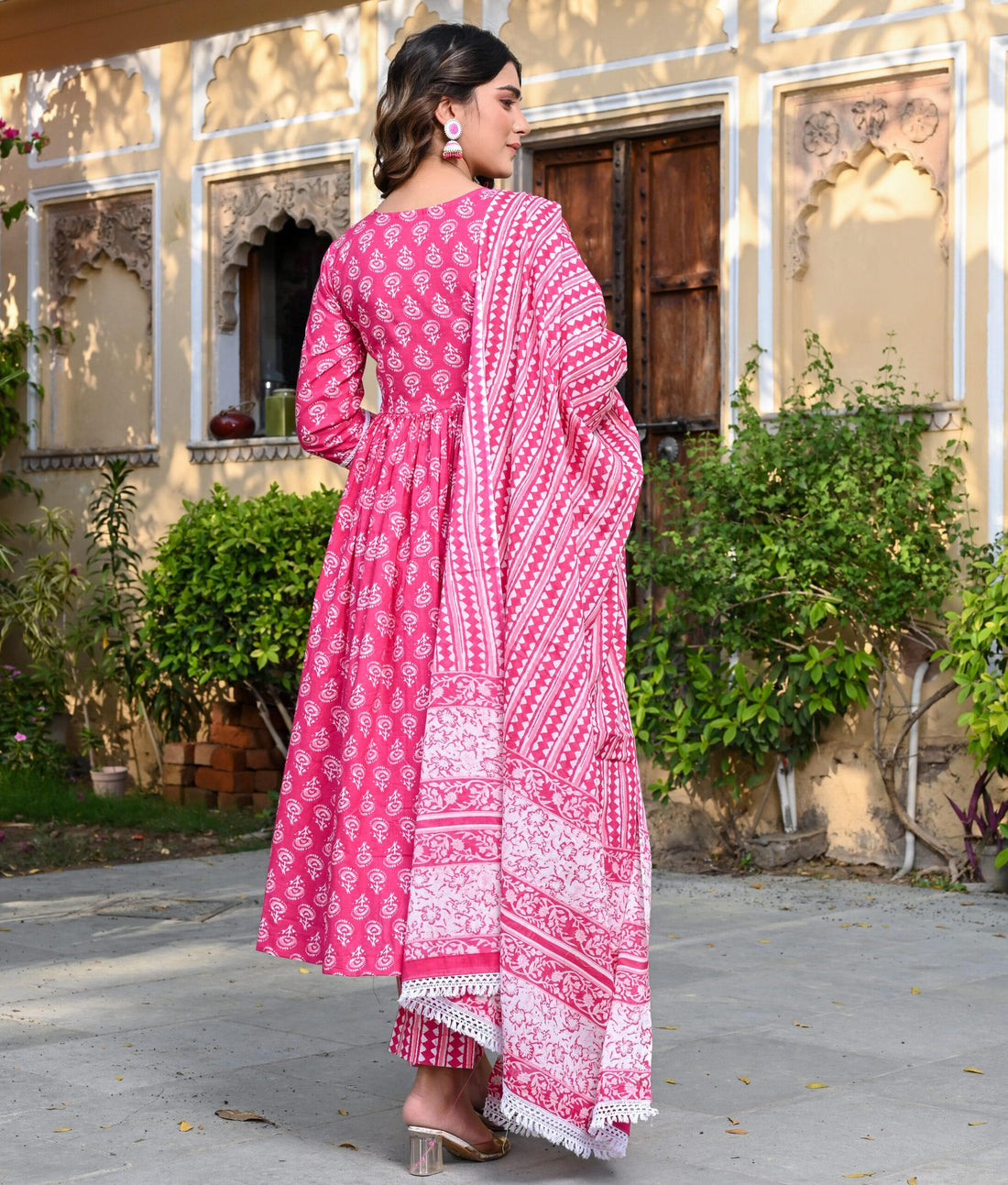 BRIGHT PINK GATHERED PRINTED COTTON THREE PIECE SET