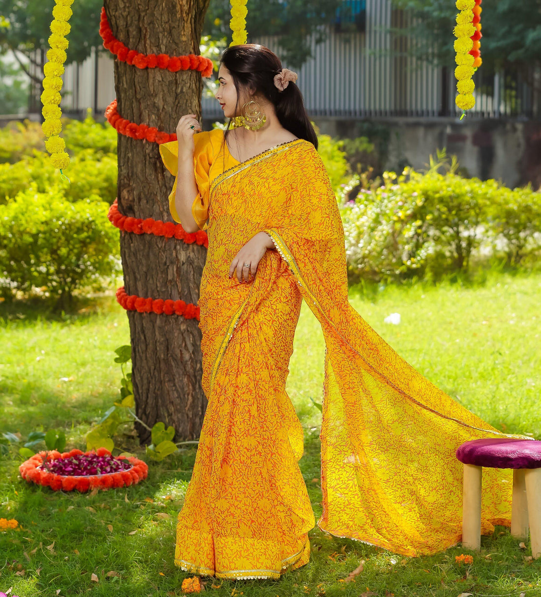 BUTTERFLY SLEEVES MUSTARD SAREE