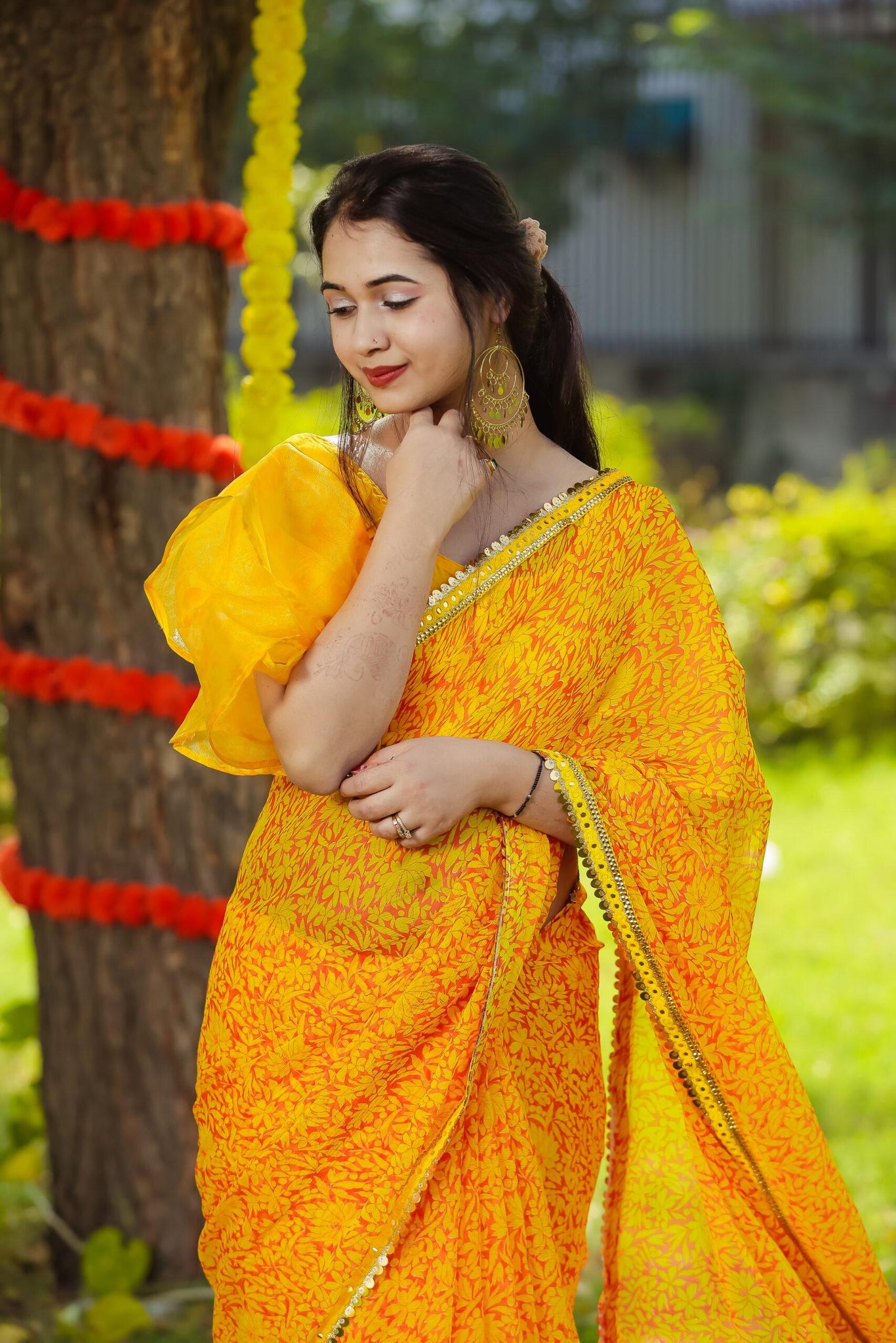 BUTTERFLY SLEEVES MUSTARD SAREE