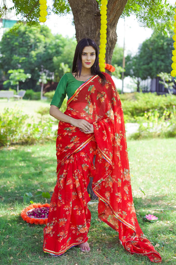 CHERRY RED GREEN BLOUSE SAREE