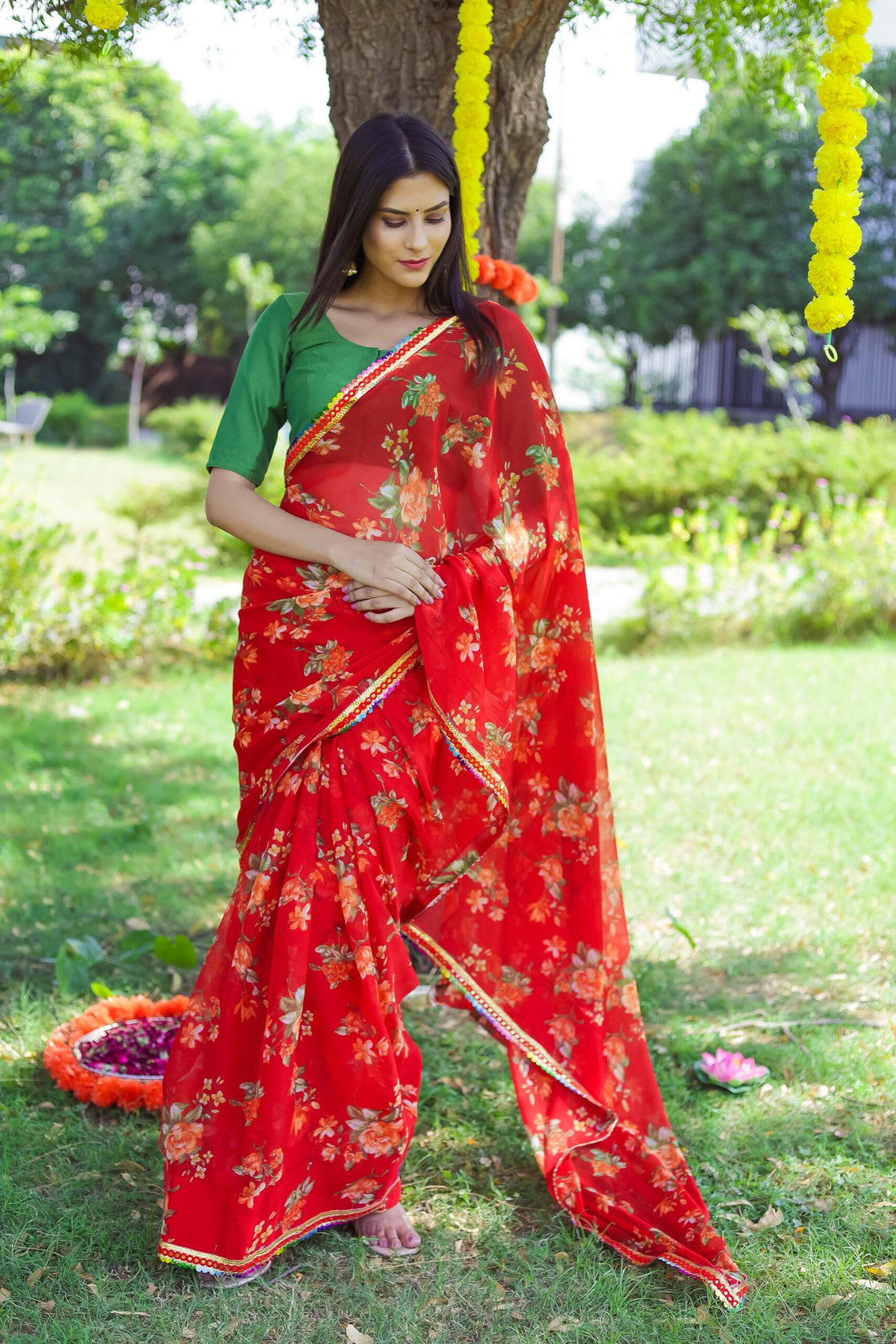 CHERRY RED GREEN BLOUSE SAREE