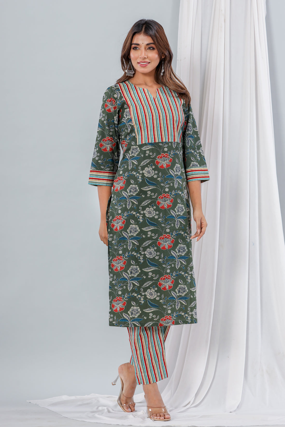 Dark Green Floral Stripe Yoke Kurta