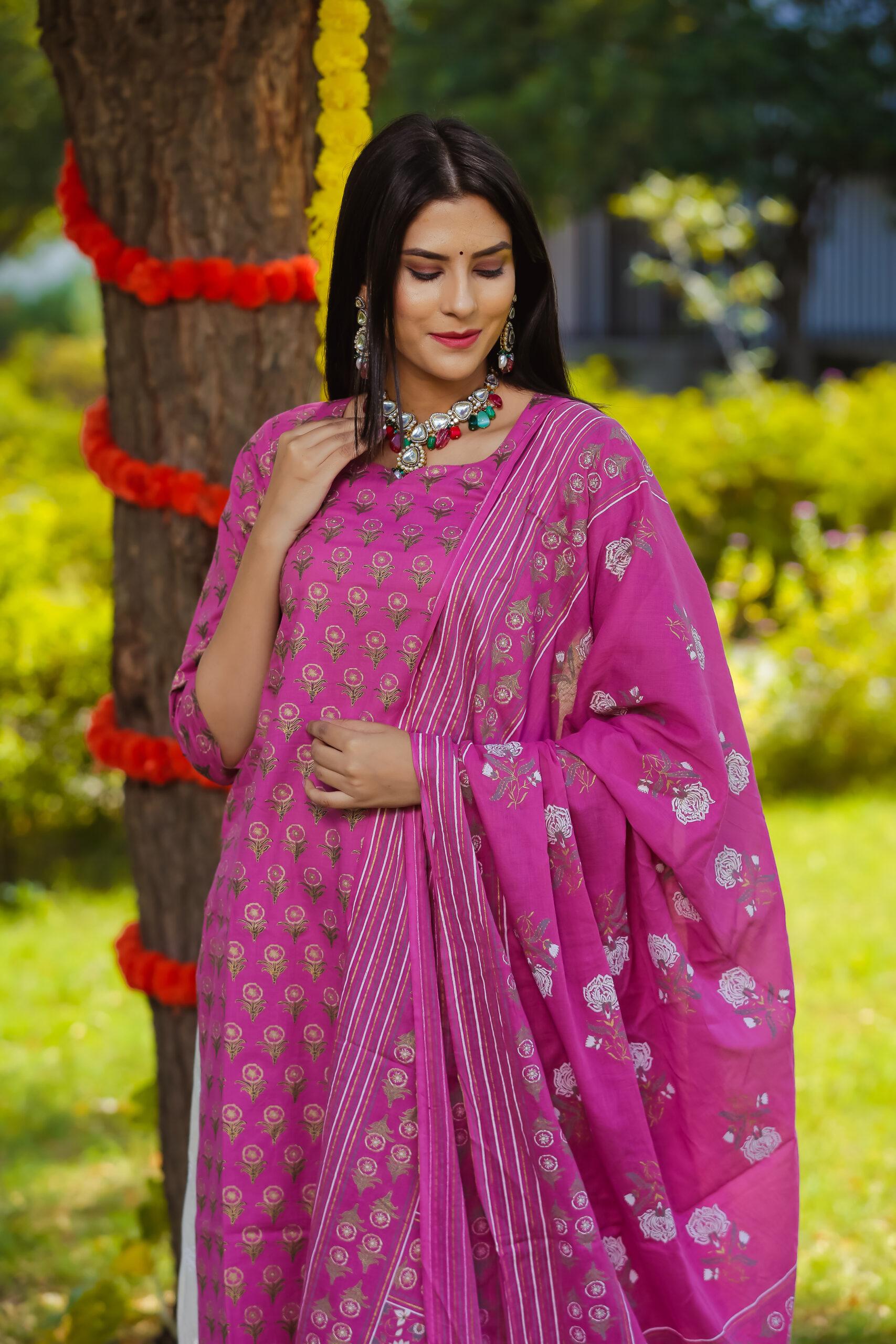 DEEP PINK COTTON KURTA CHIKAN PALAZZO SET OF THREE