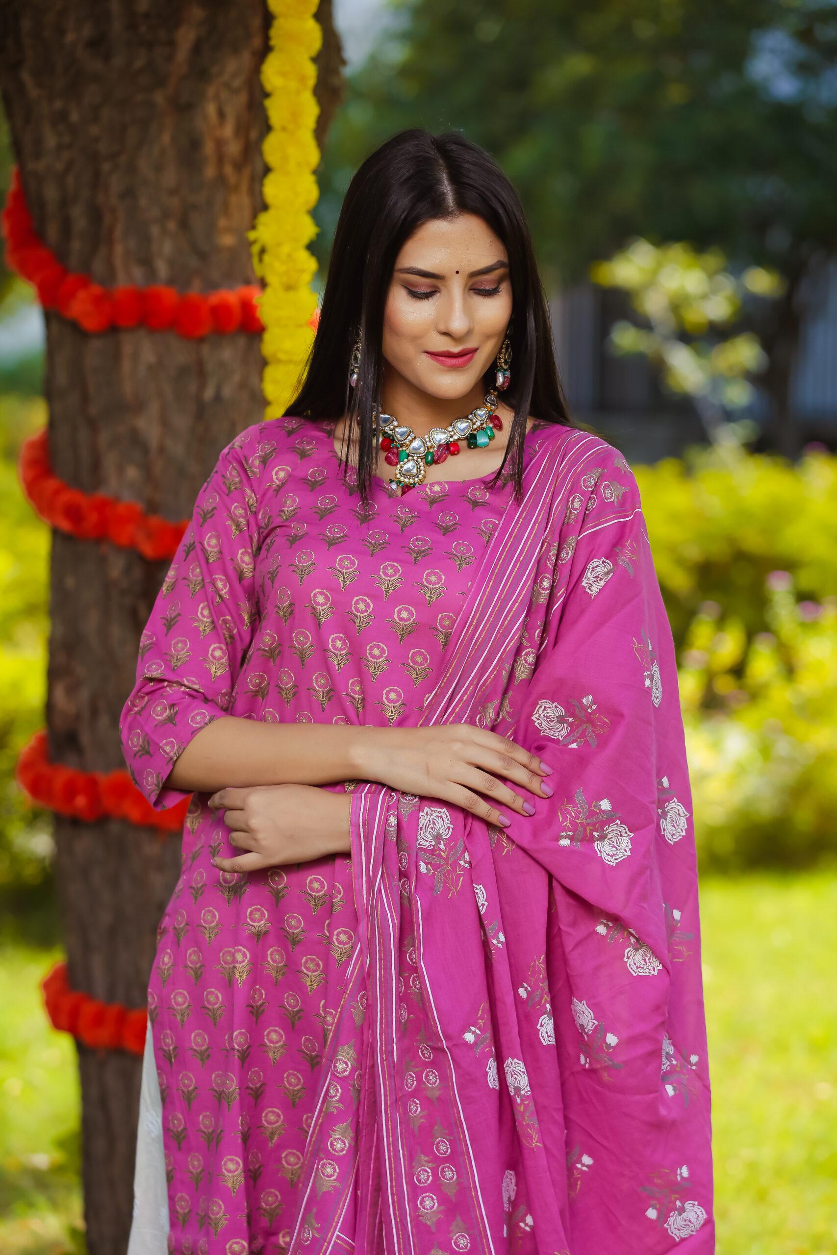 DEEP PINK COTTON KURTA CHIKAN PALAZZO SET OF THREE