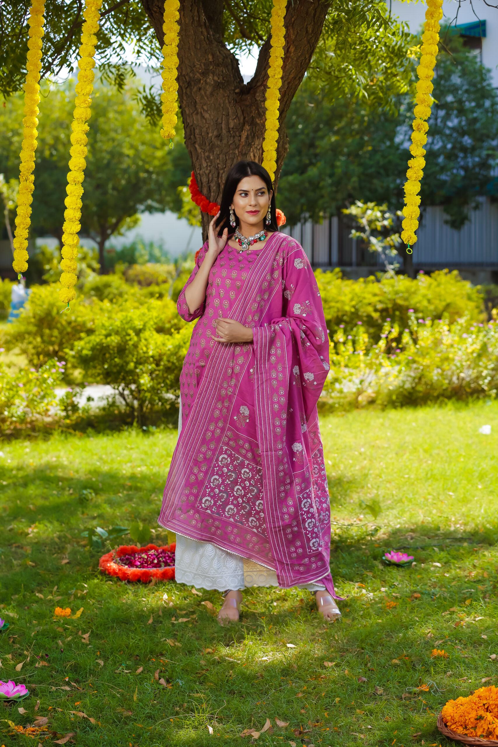 DEEP PINK COTTON KURTA CHIKAN PALAZZO SET OF THREE