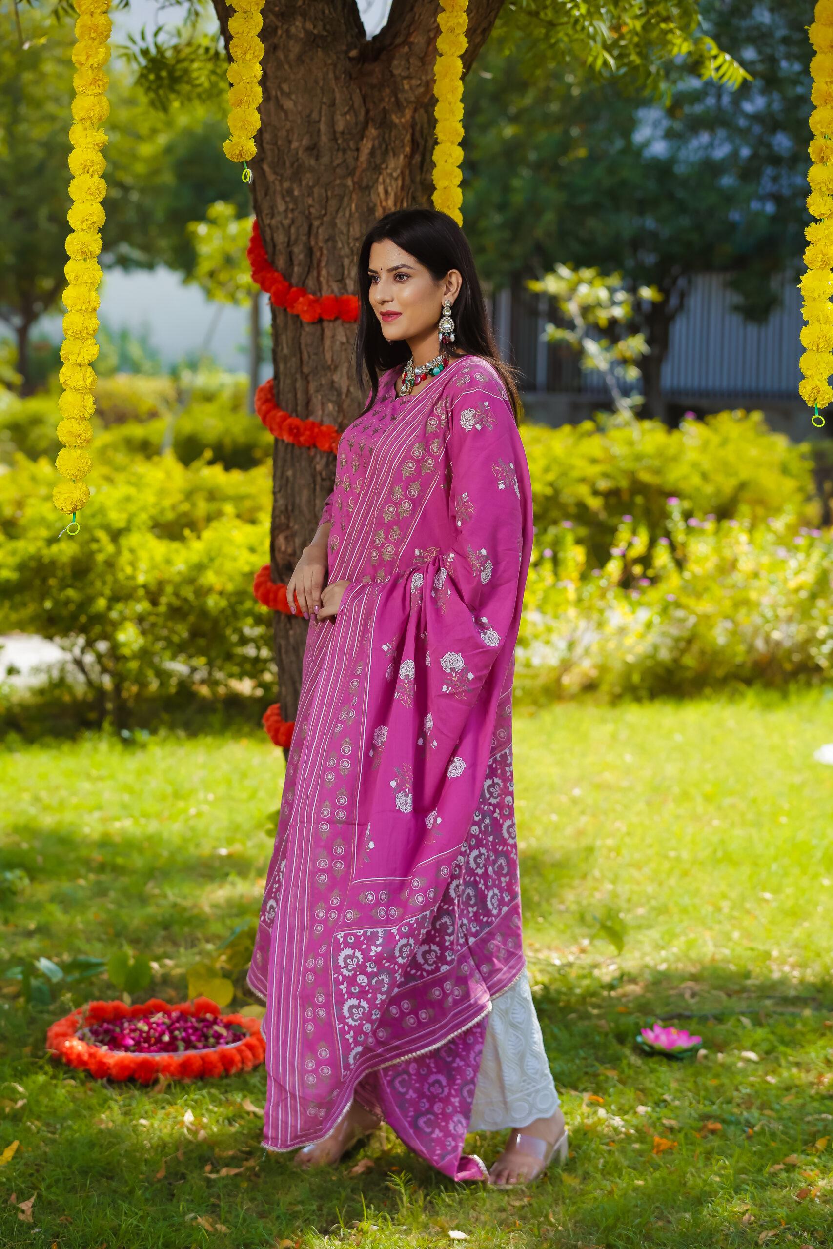 DEEP PINK COTTON KURTA CHIKAN PALAZZO SET OF THREE