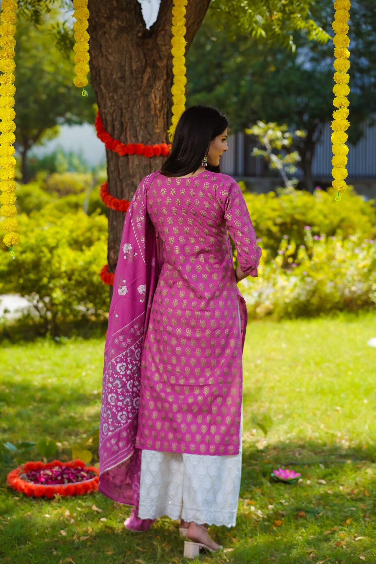 DEEP PINK COTTON KURTA CHIKAN PALAZZO SET OF THREE