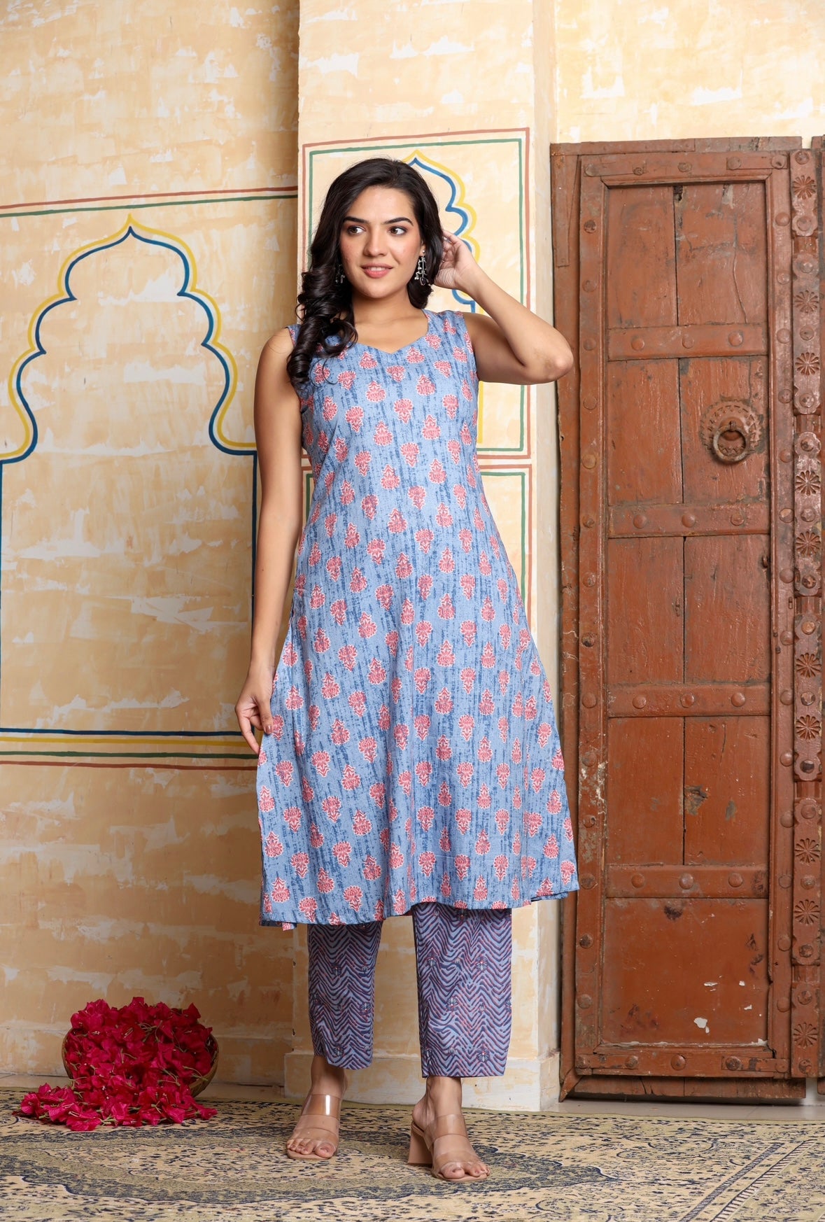 Sky Blue Cut Sleeves Kurta Bottom  Set Of Two