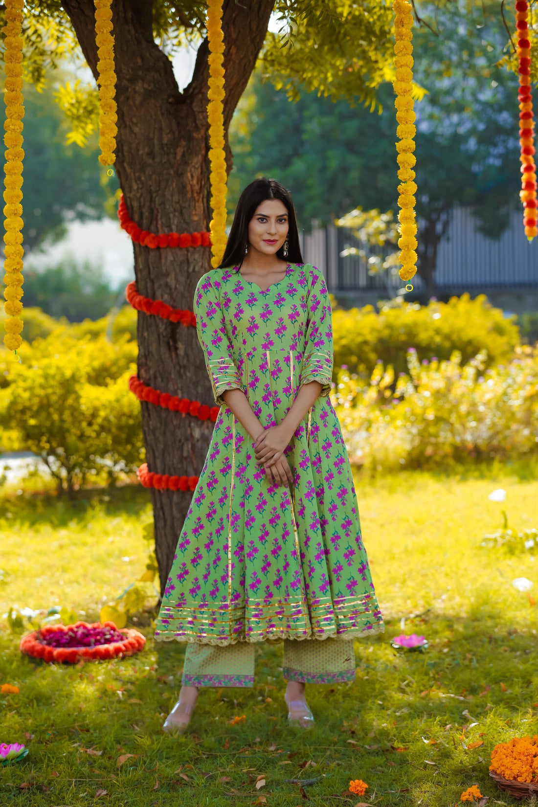 GREEN FLORAL PRINT ANARKALI GOTTA SET OF THREE