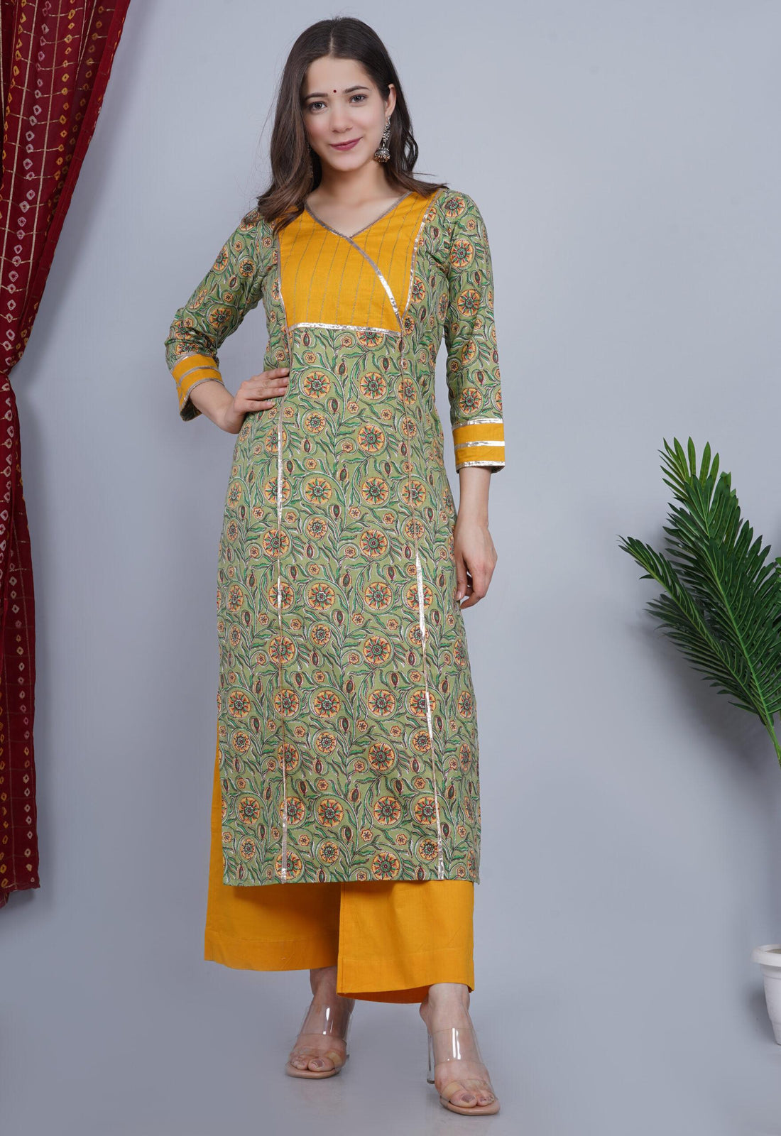 GREEN MUSTARD FLORAL PRINT COTTON SET OF TWO