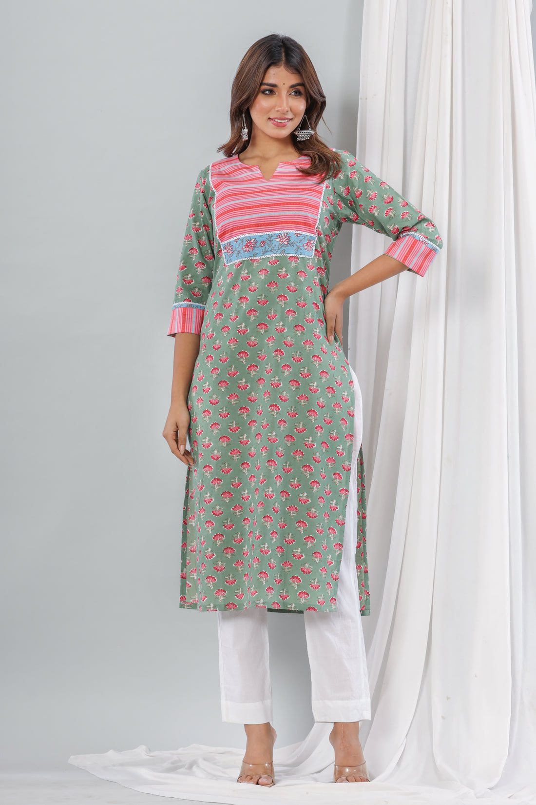 Green Pink Floral  Kurta Set