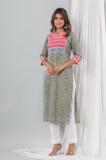 Green Pink Floral  Kurta