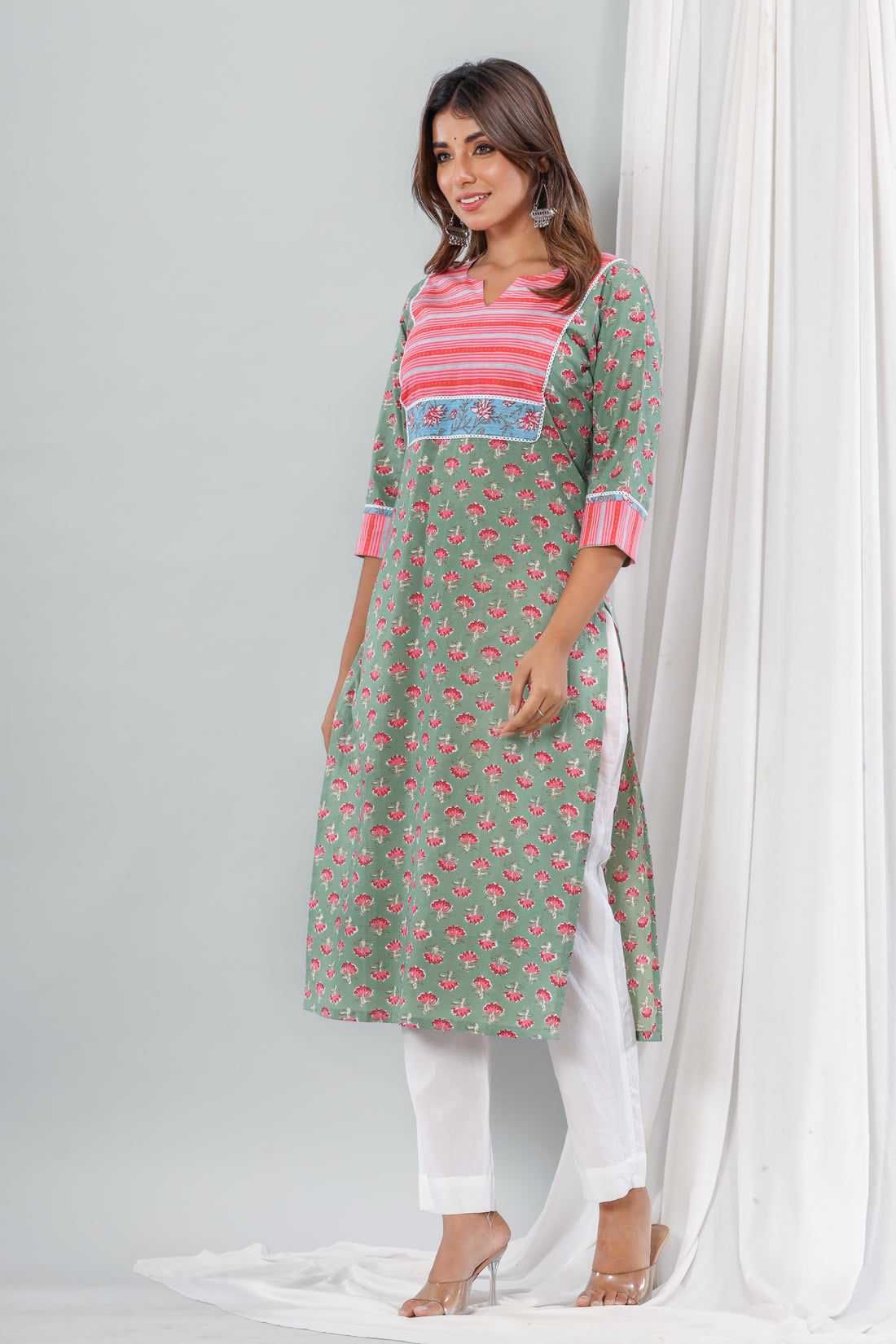 Green Pink Floral  Kurta