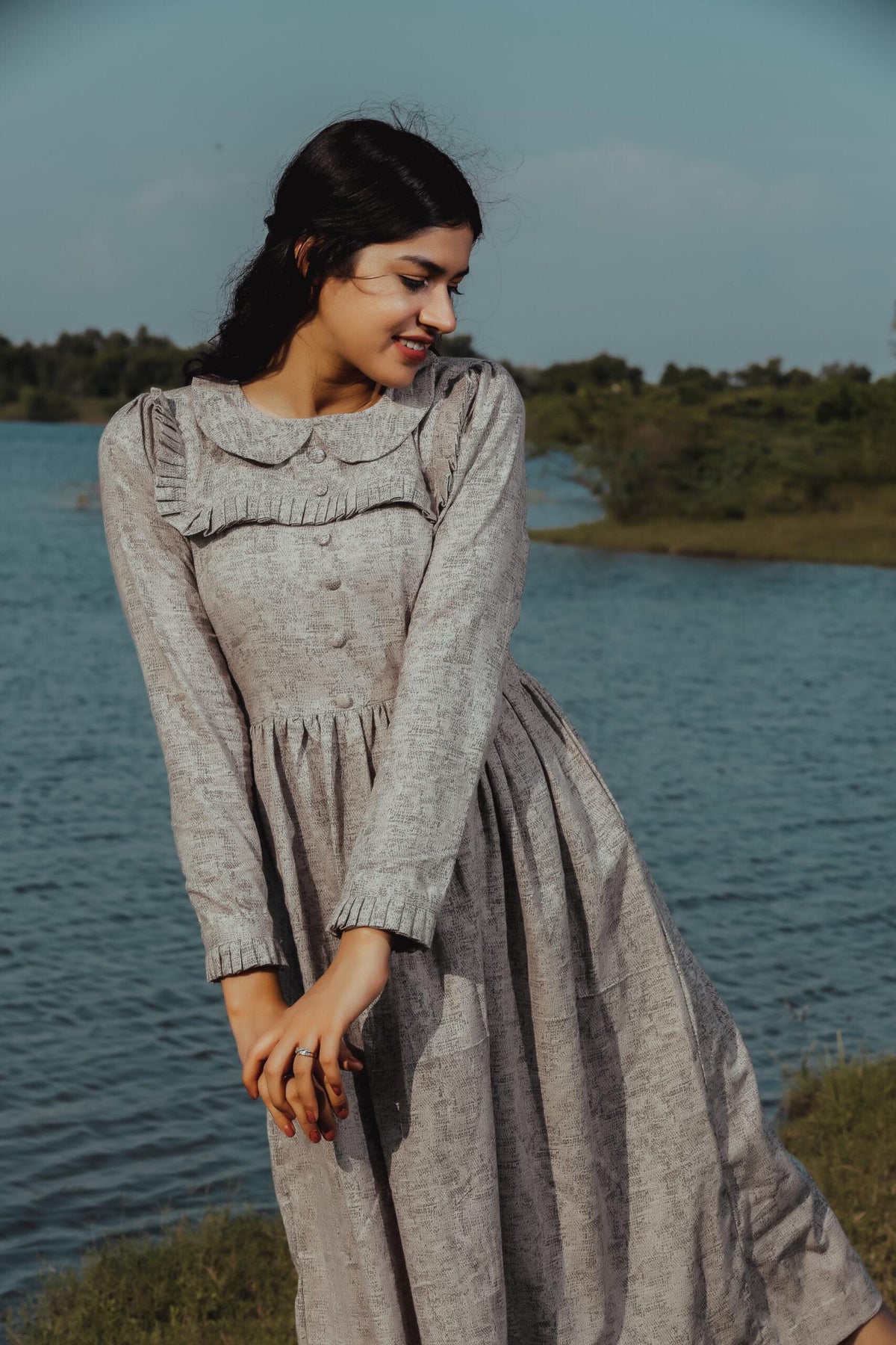 GREY RUFFLE NECK DRESS