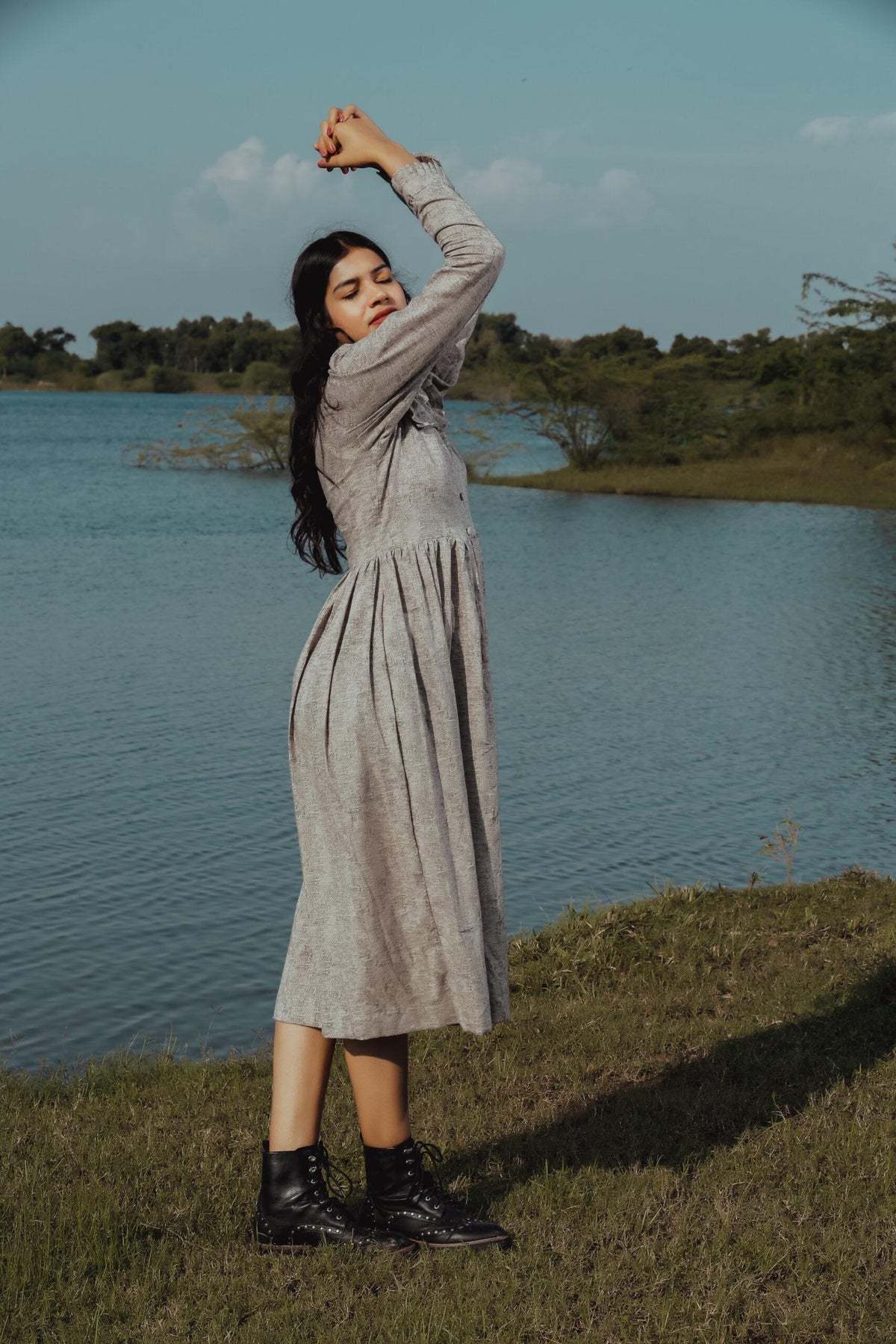 GREY RUFFLE NECK DRESS