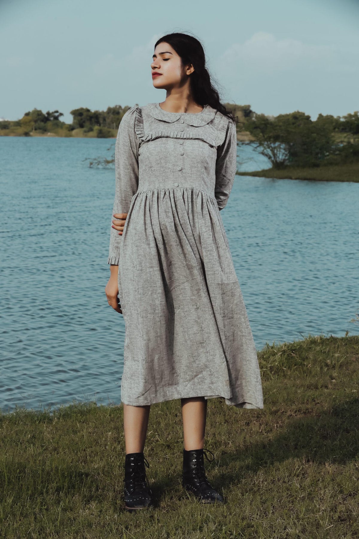 GREY RUFFLE NECK DRESS