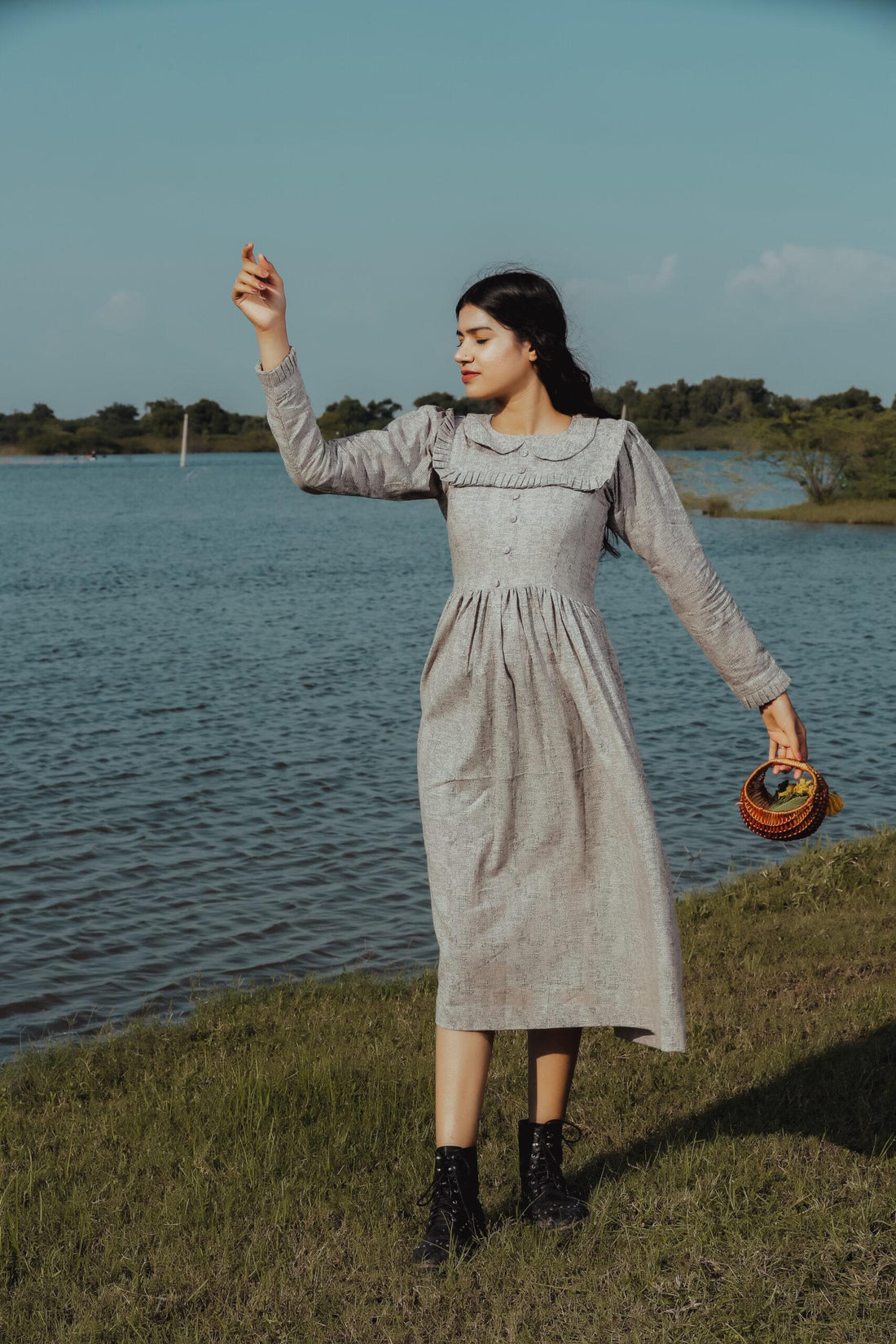 GREY RUFFLE NECK DRESS