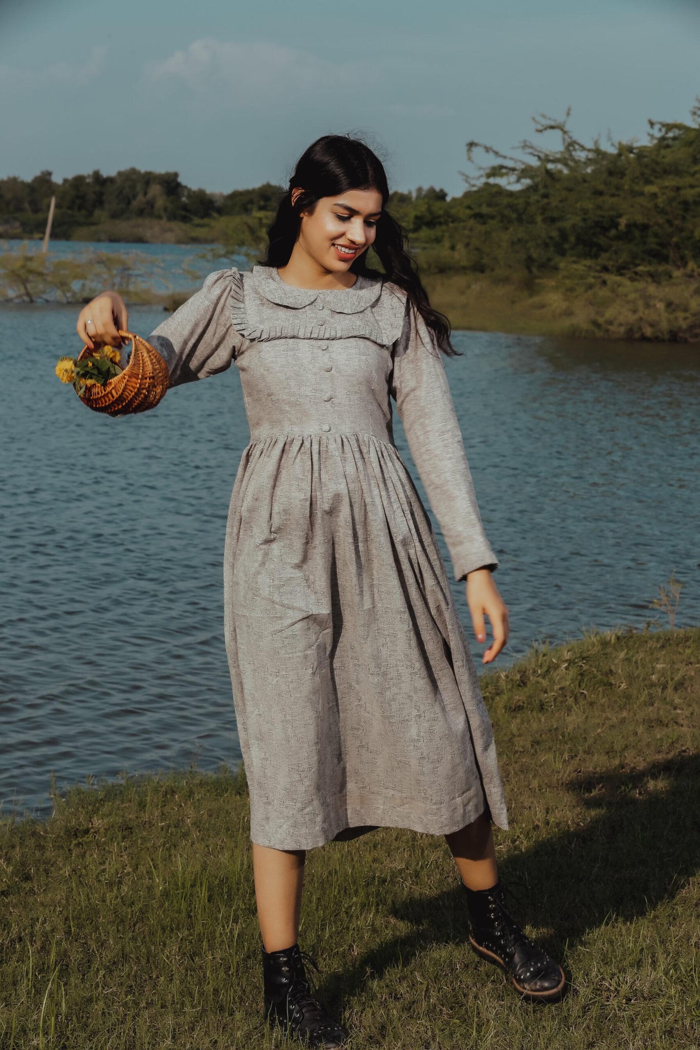 GREY RUFFLE NECK DRESS