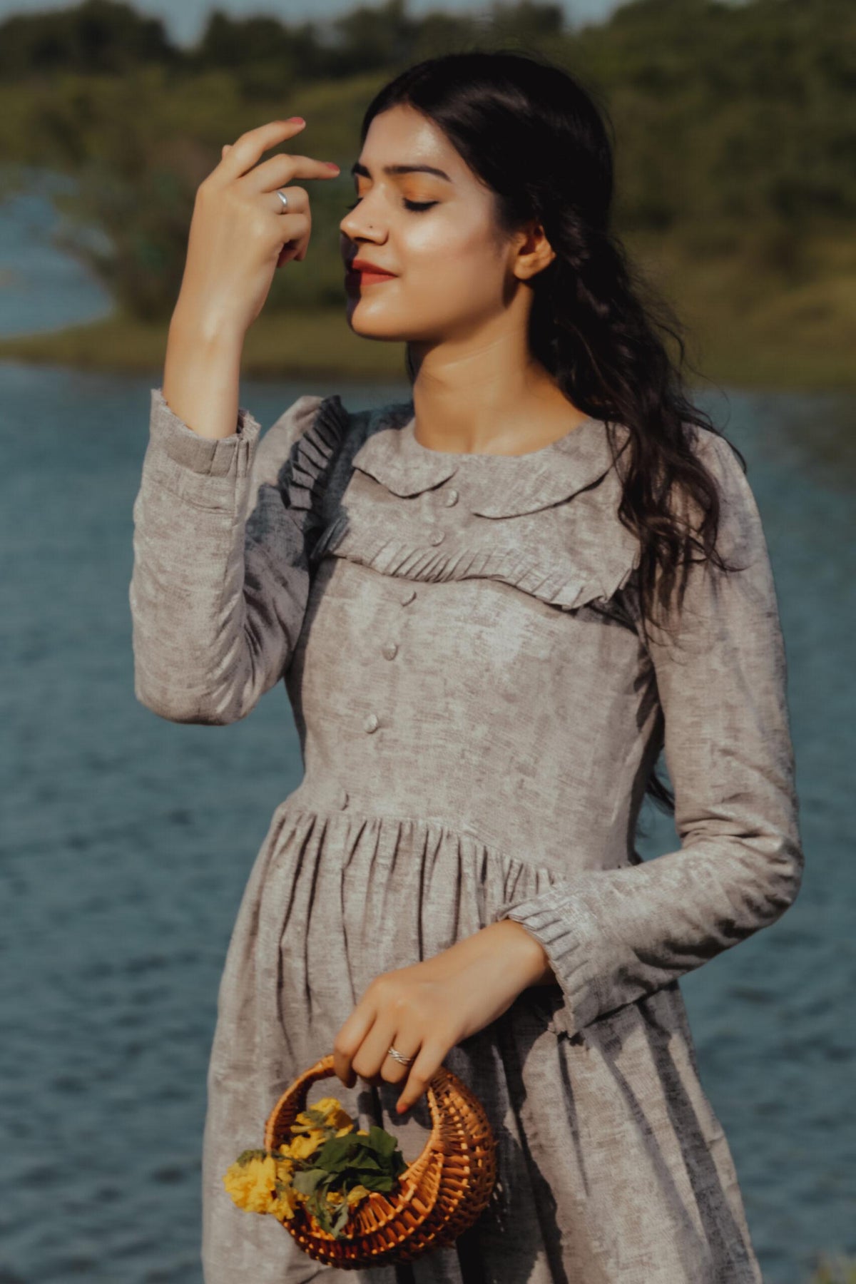 GREY RUFFLE NECK DRESS