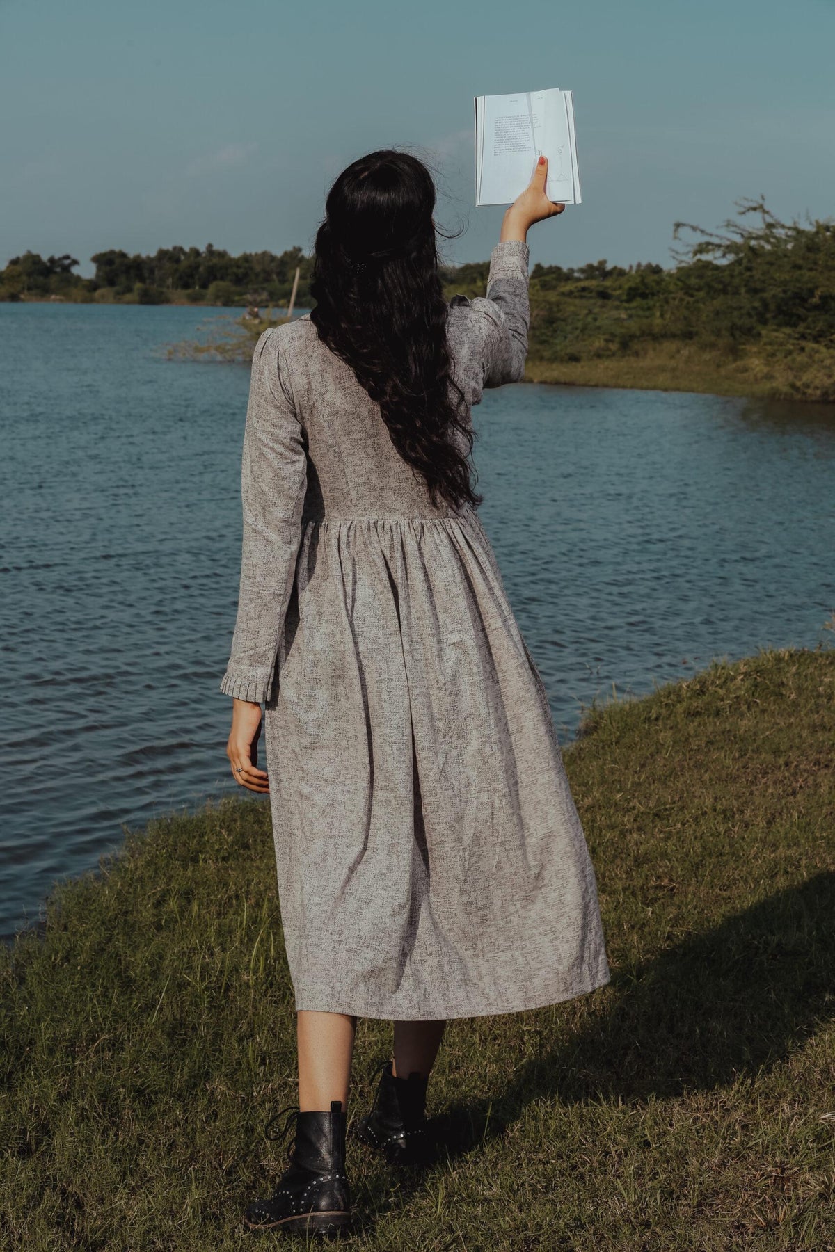 GREY RUFFLE NECK DRESS