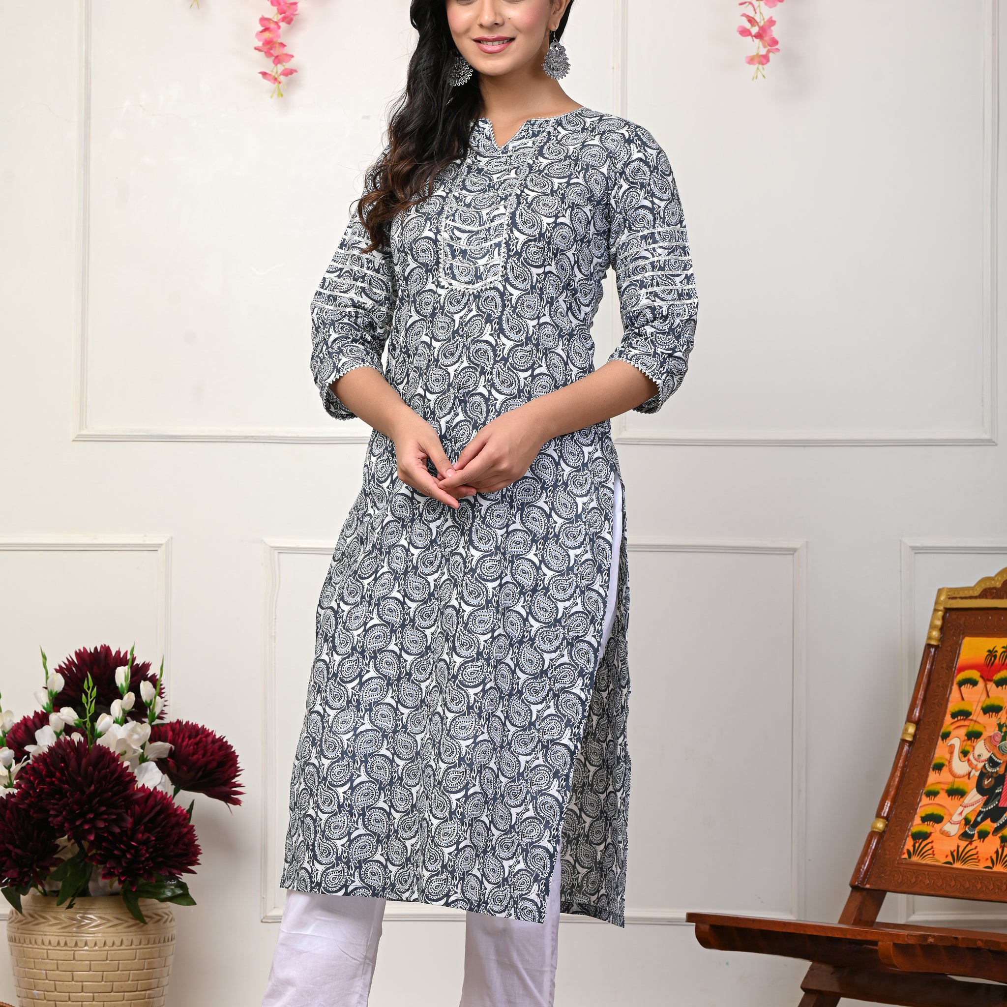 Grey Block Print Kurta With Pant