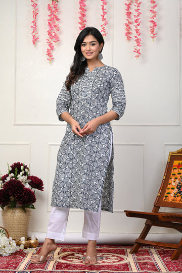 Grey Block Print Kurta With Pant