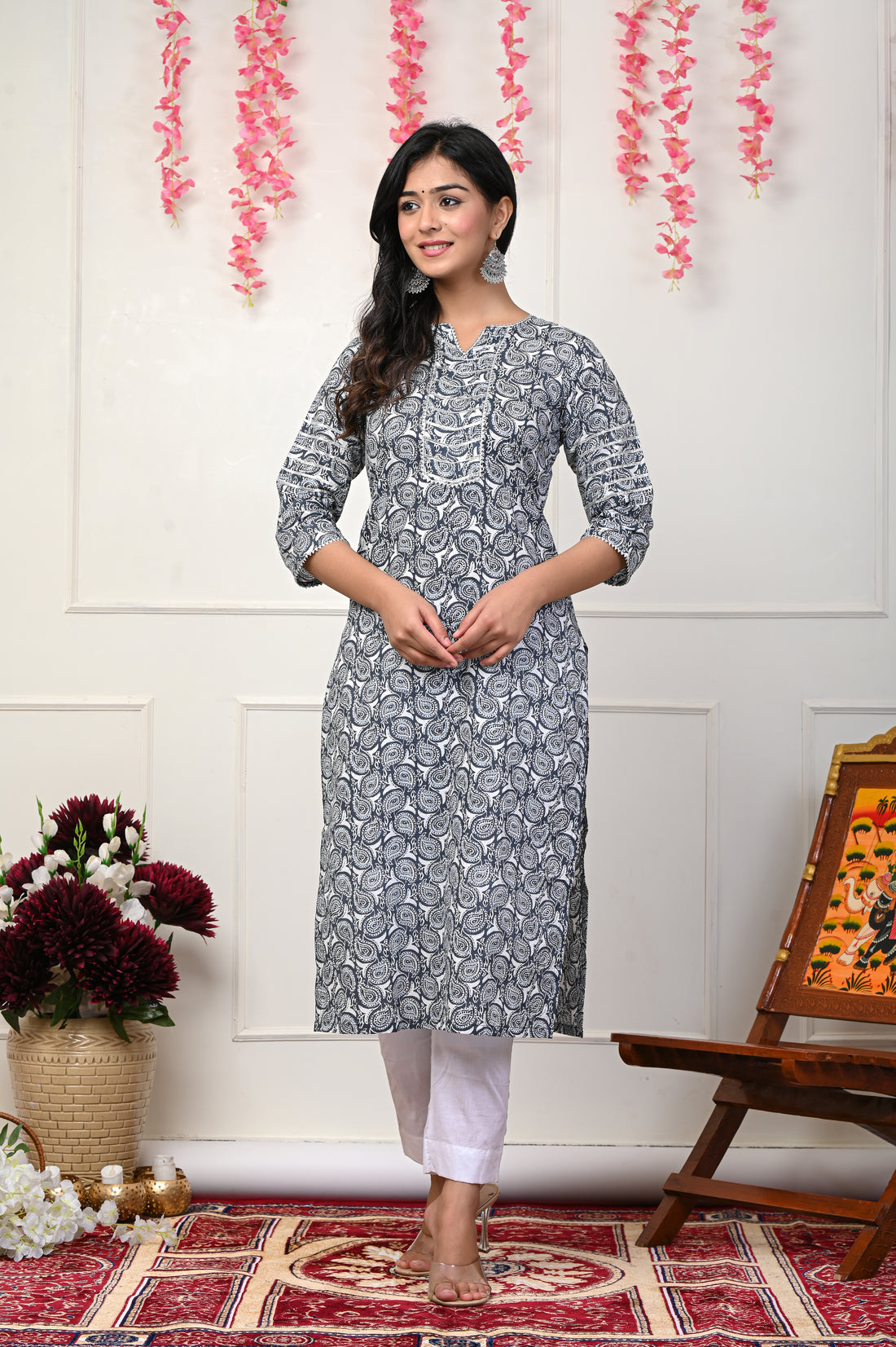 Grey Block Print Kurta With Pant