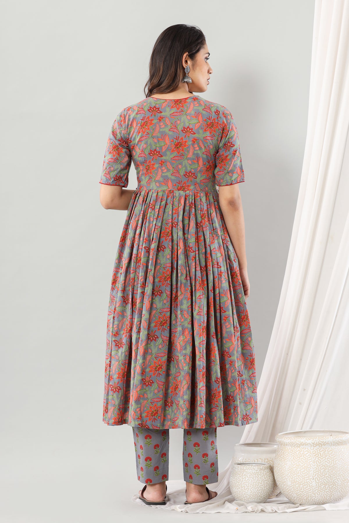 Grey Floral  Dahlia Anarkali Set Of Three