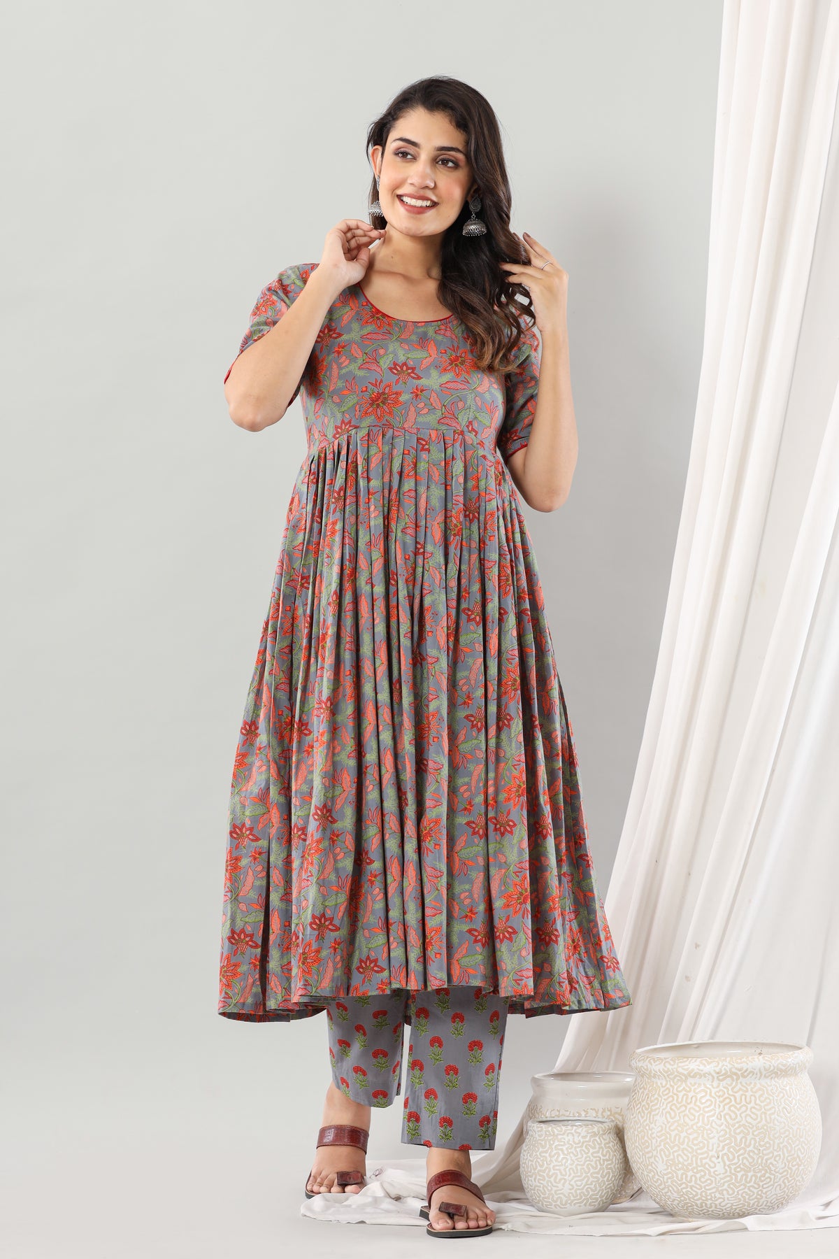 Grey Floral  Dahlia Anarkali Set Of Three