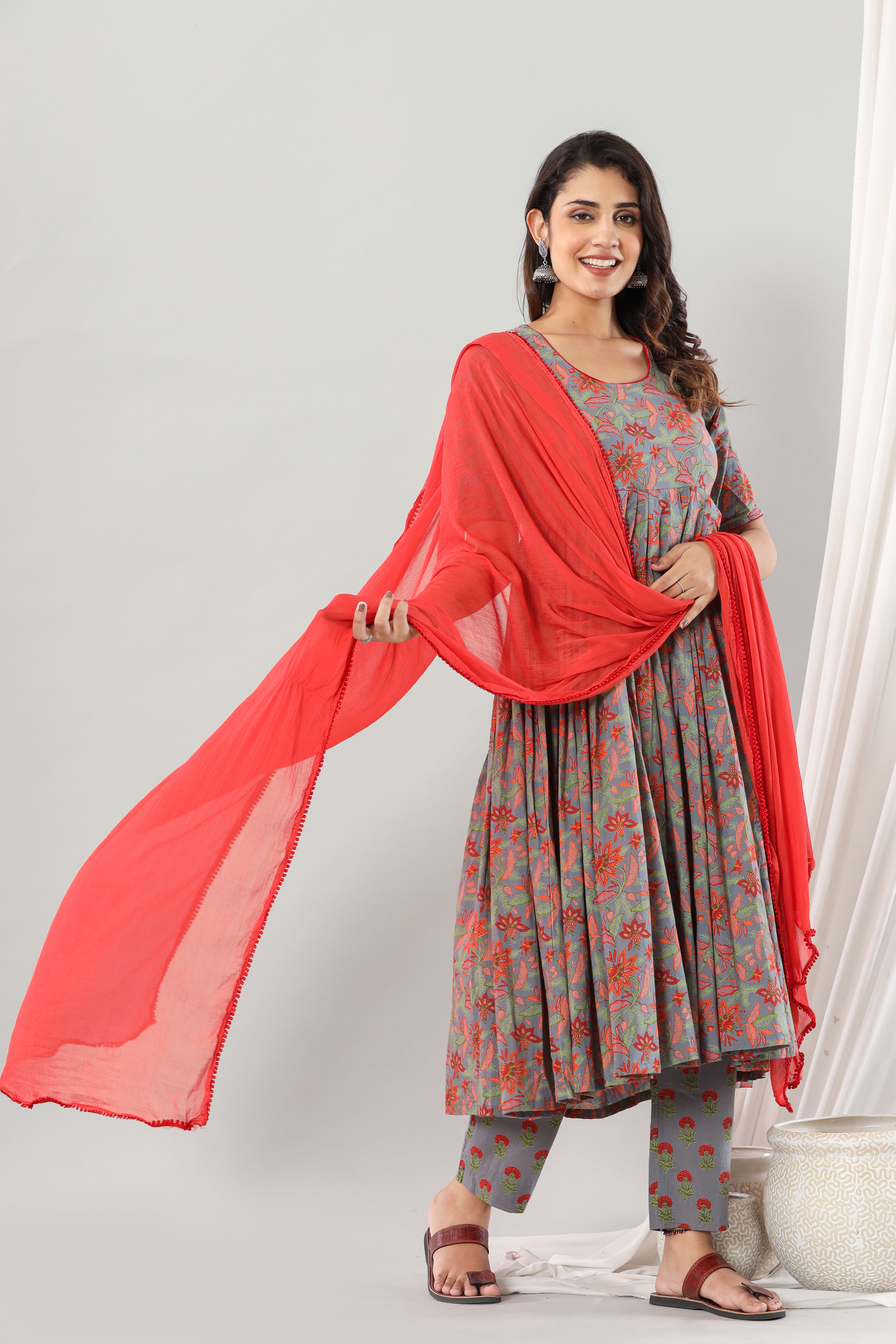 Grey Floral  Dahlia Anarkali Set Of Three