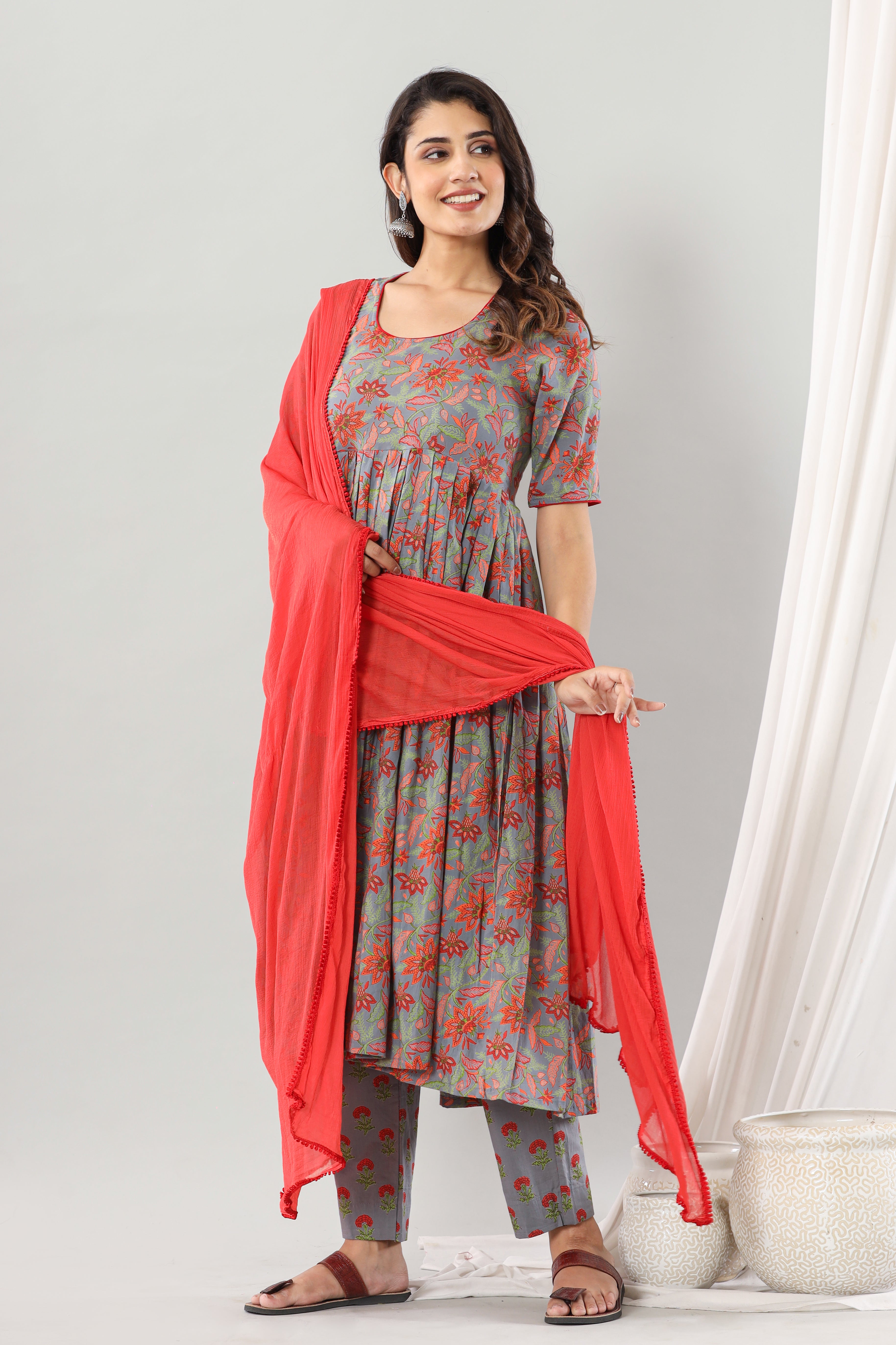 Grey Floral  Dahlia Anarkali Set Of Three