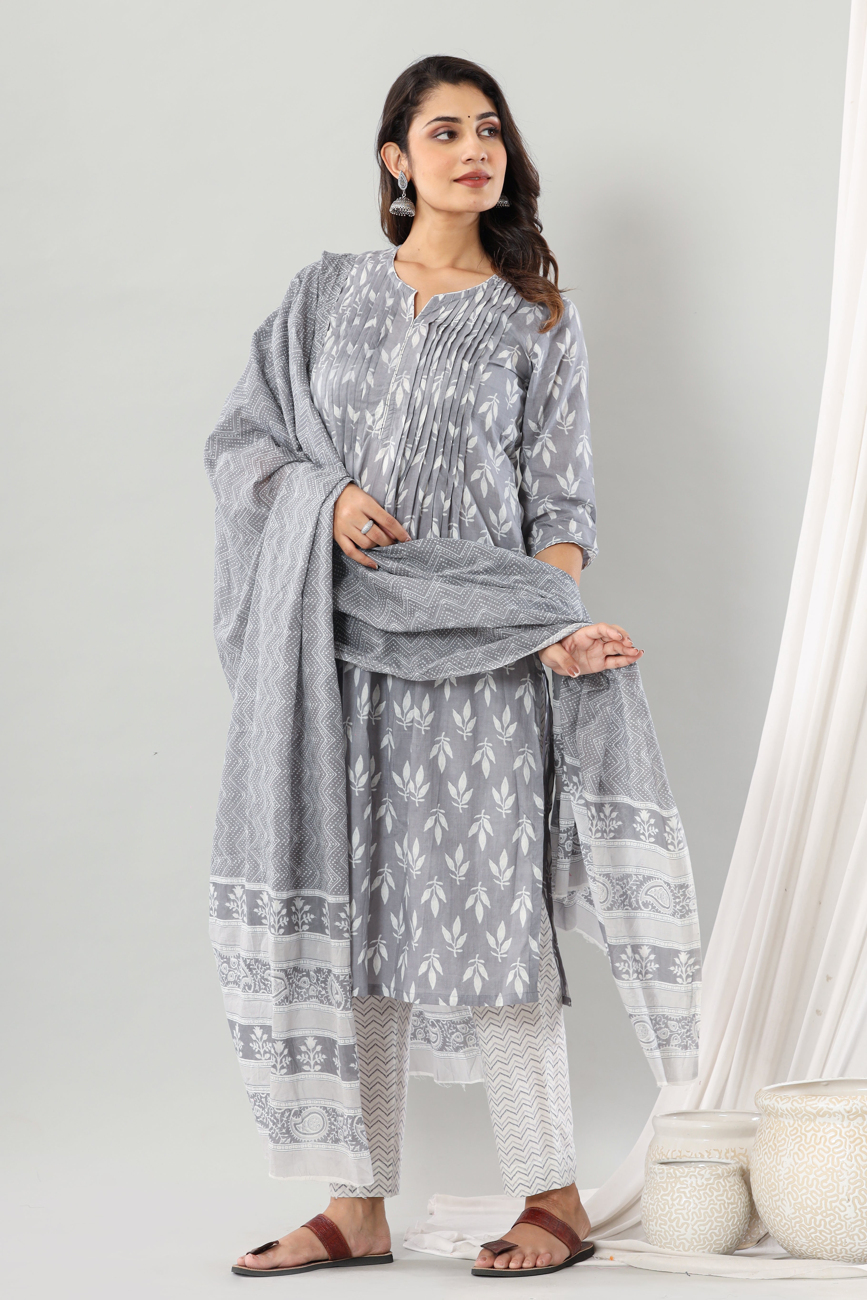 Grey Floral Pintuck Set Of Three
