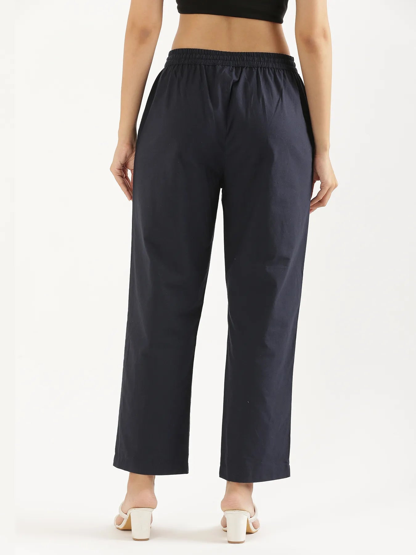 Women's Cotton Straight Pant - Navy Blue & White (Pack of 2)
