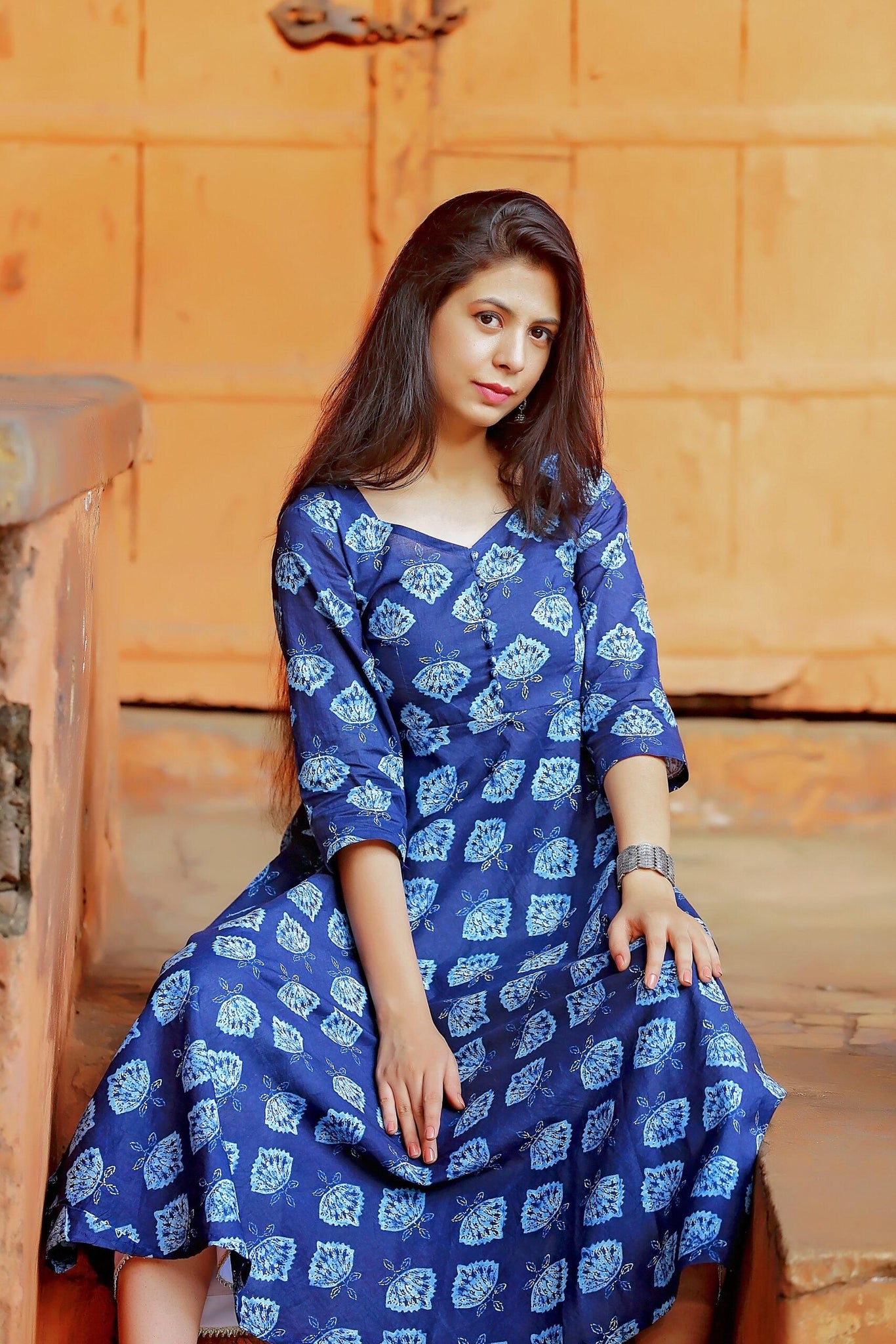 INDIGO FLORAL PRINT ANARKALI KURTA