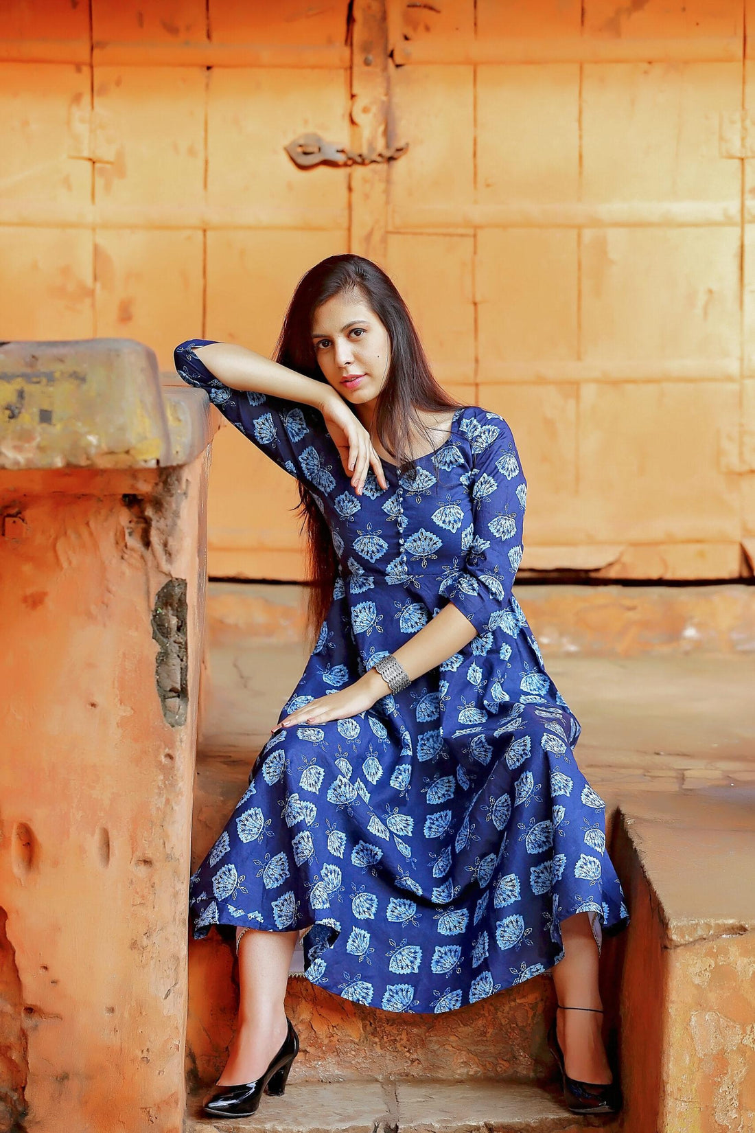 INDIGO FLORAL PRINT ANARKALI KURTA