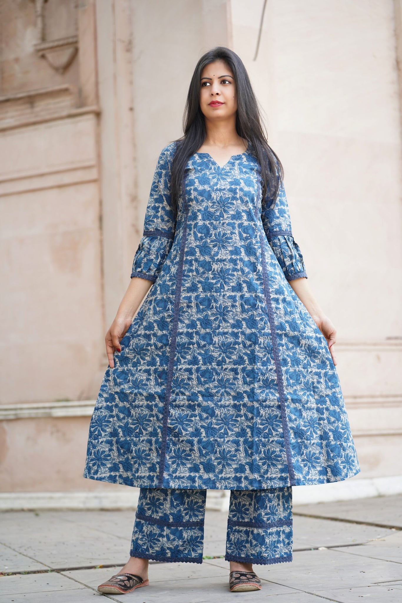 INDIGO PRINTED A-LINE LACE COTTON SET OF TWO