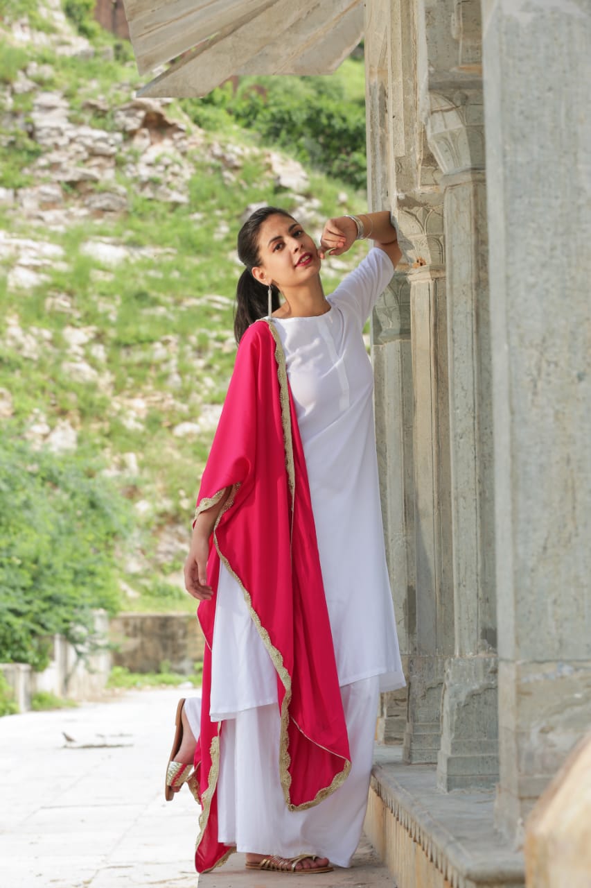 IVORY A-LINE RAYON SET WITH RANI PINK DUPATTA