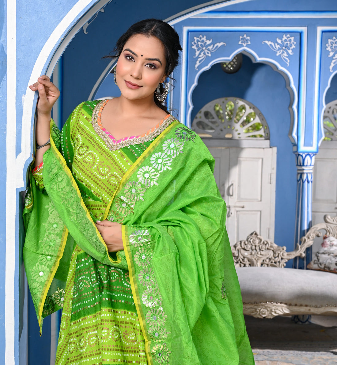 LAHERIYA GREEN COTTON ANARKALI THREE PIECE SET