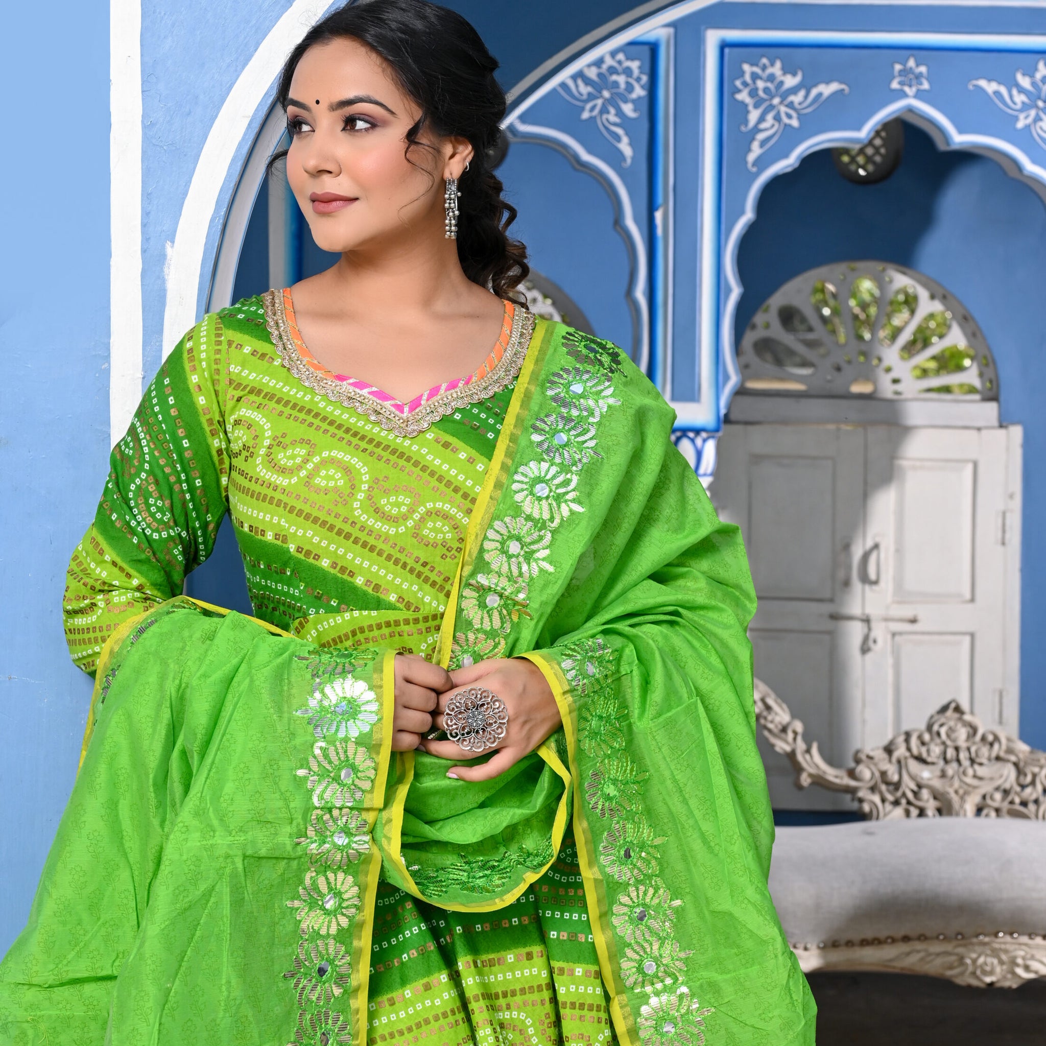 LAHERIYA GREEN COTTON ANARKALI THREE PIECE SET