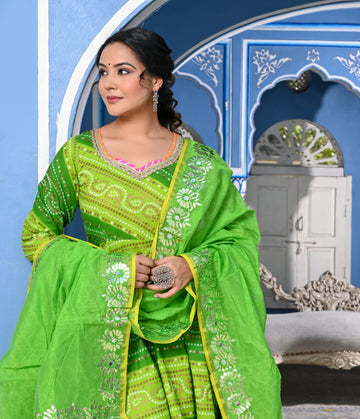 LAHERIYA GREEN COTTON ANARKALI THREE PIECE SET