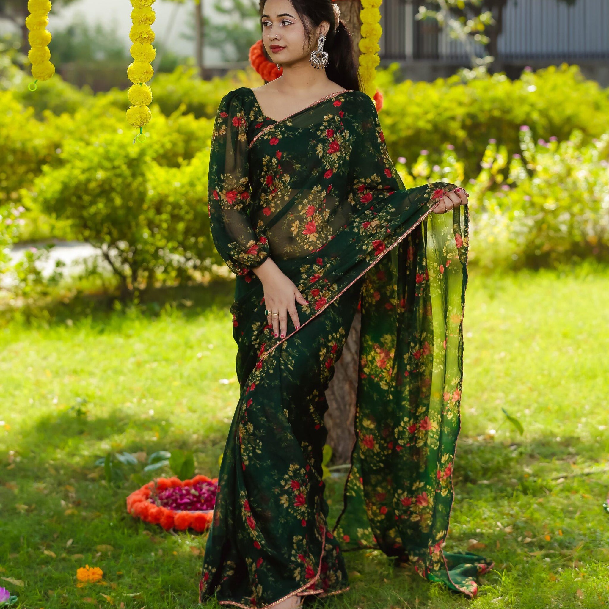 LUSH GREEN PUFF SLEEVES BLOUSE SAREE