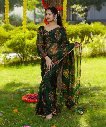 LUSH GREEN PUFF SLEEVES BLOUSE SAREE