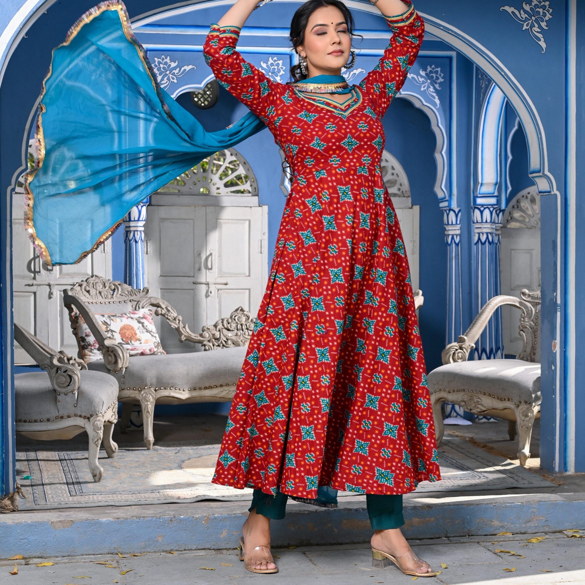 MAROON PRINTED COTTON ANARKALI THREE PIECE SET