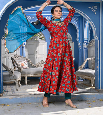 MAROON PRINTED COTTON ANARKALI THREE PIECE SET