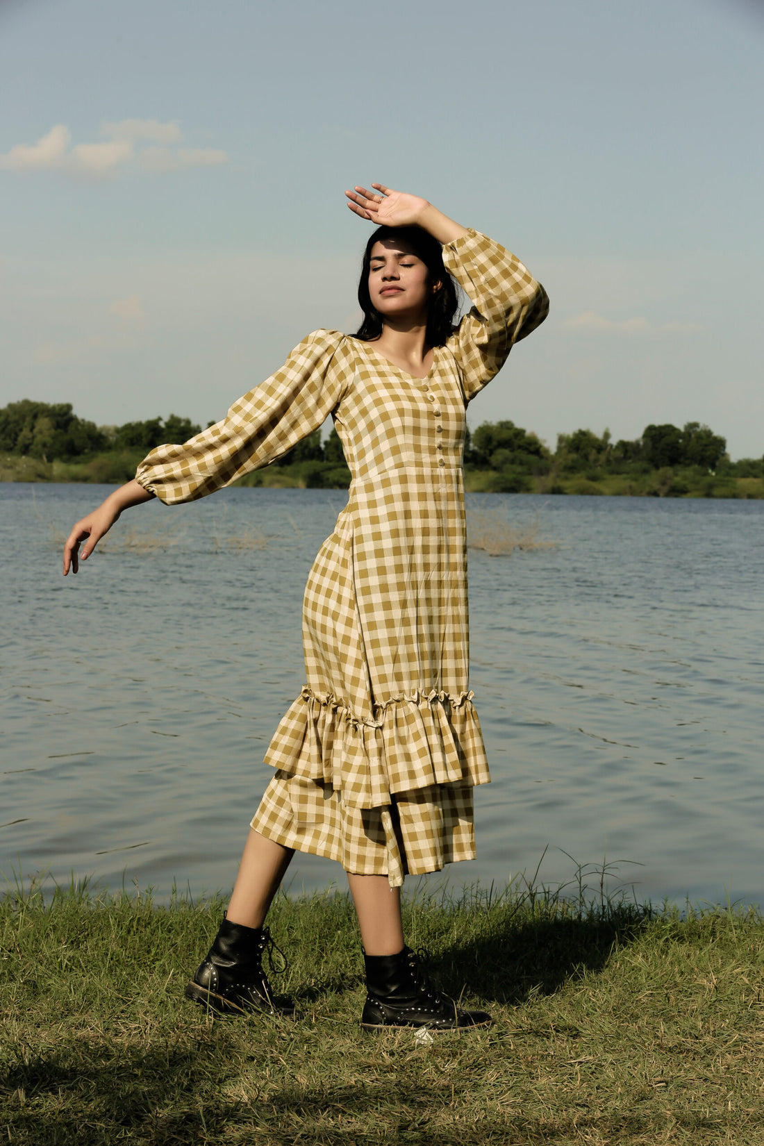 MOSS GREEN GINGHAM DRESS