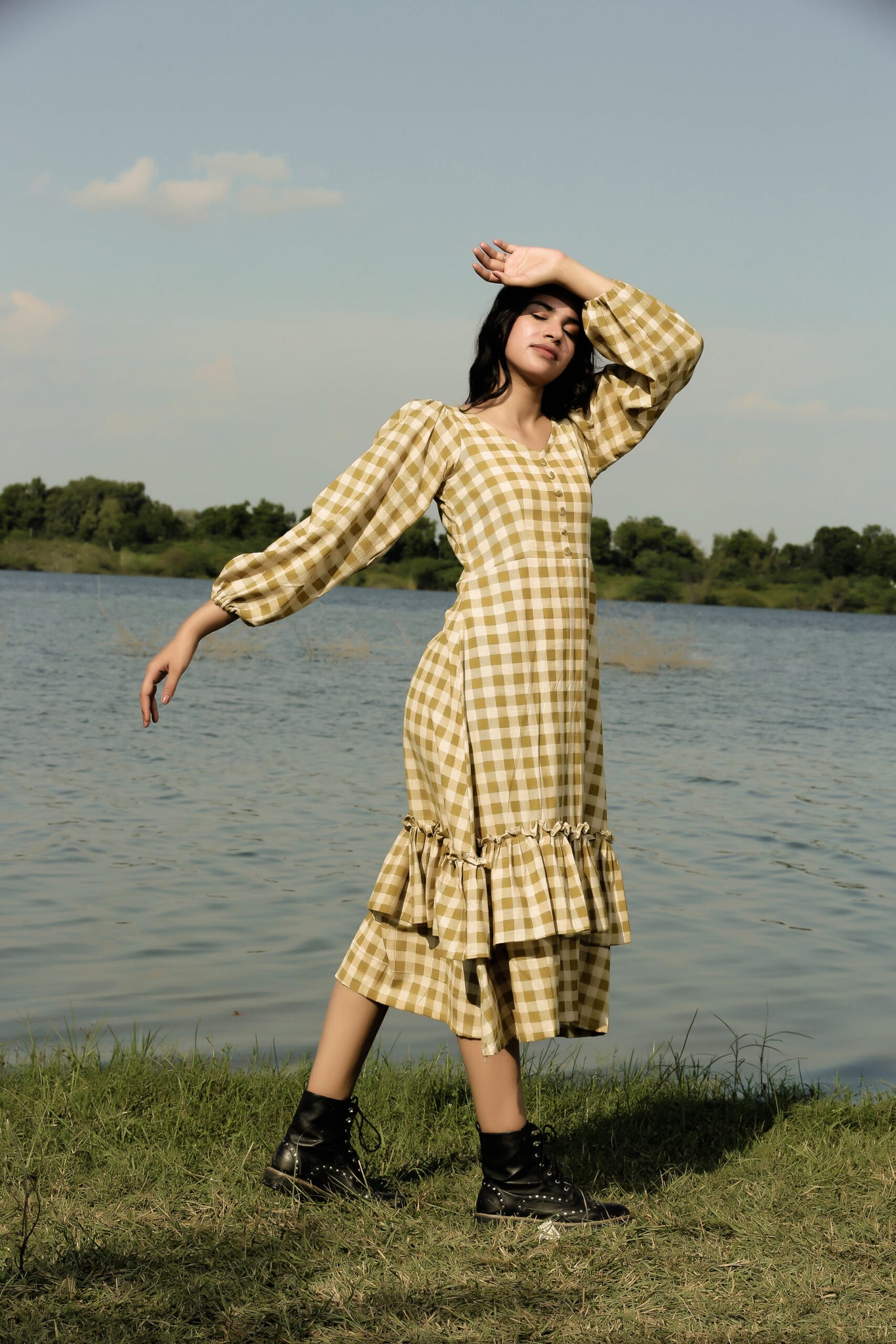 MOSS GREEN GINGHAM DRESS