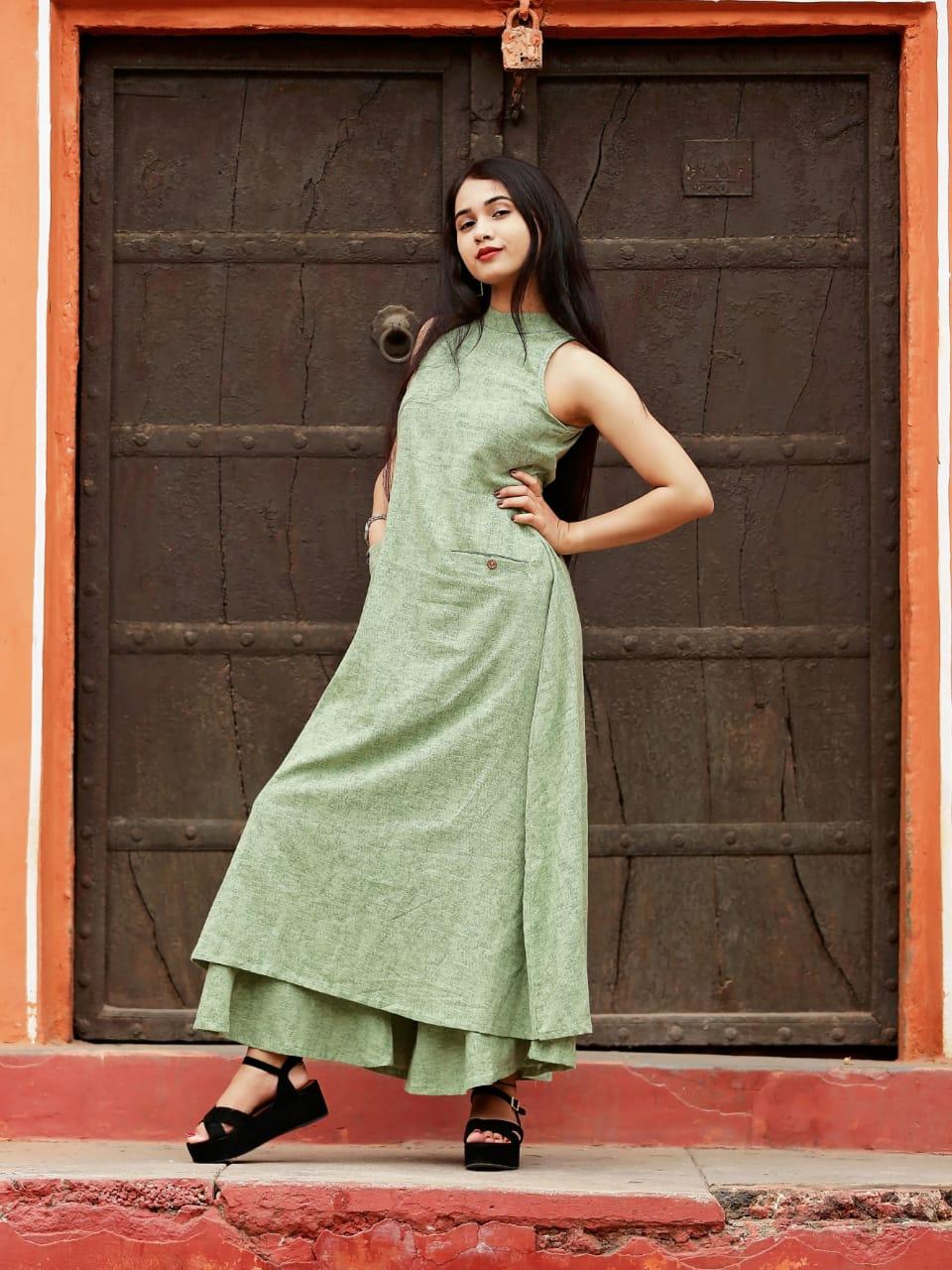 MOSS GREEN HALTER NECK DRESS